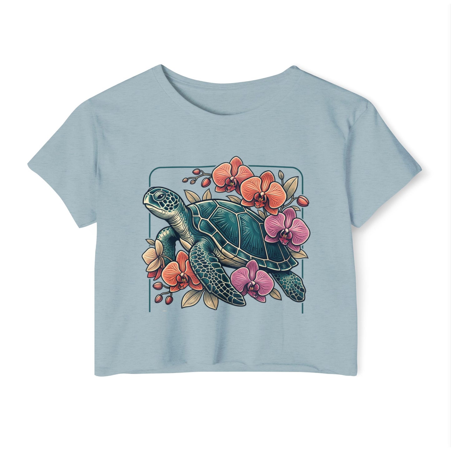 Turtle Floral Crop Top — Women’s Tropical Sea Turtle Graphic Tee