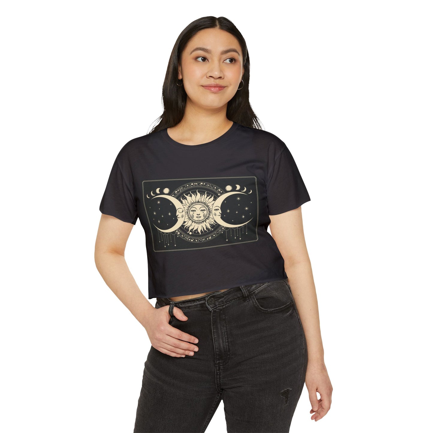 Celestial Sun & Moon Crop Top — Boho Festival Women's Tee