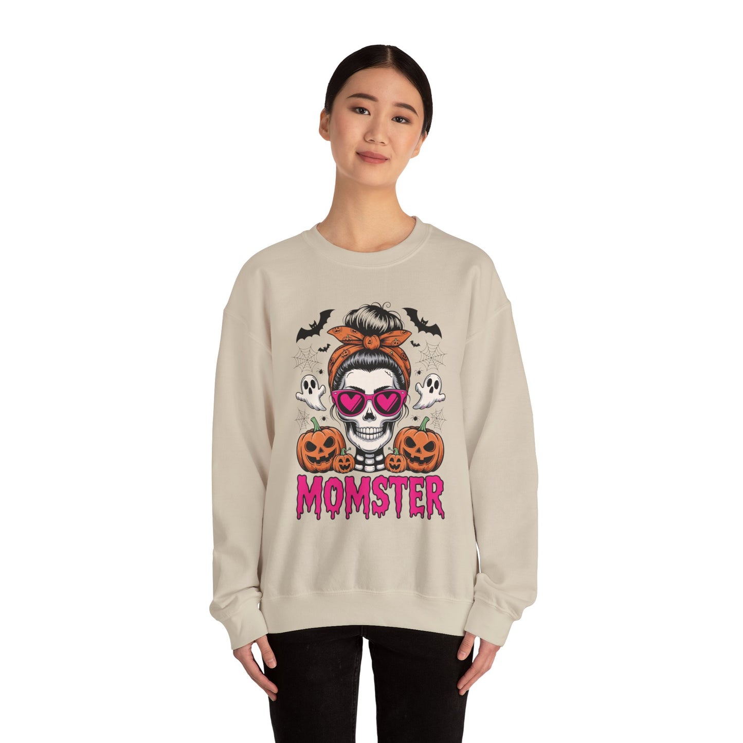Momster Halloween Sweatshirt — Skull Mom with Pumpkins & Ghosts