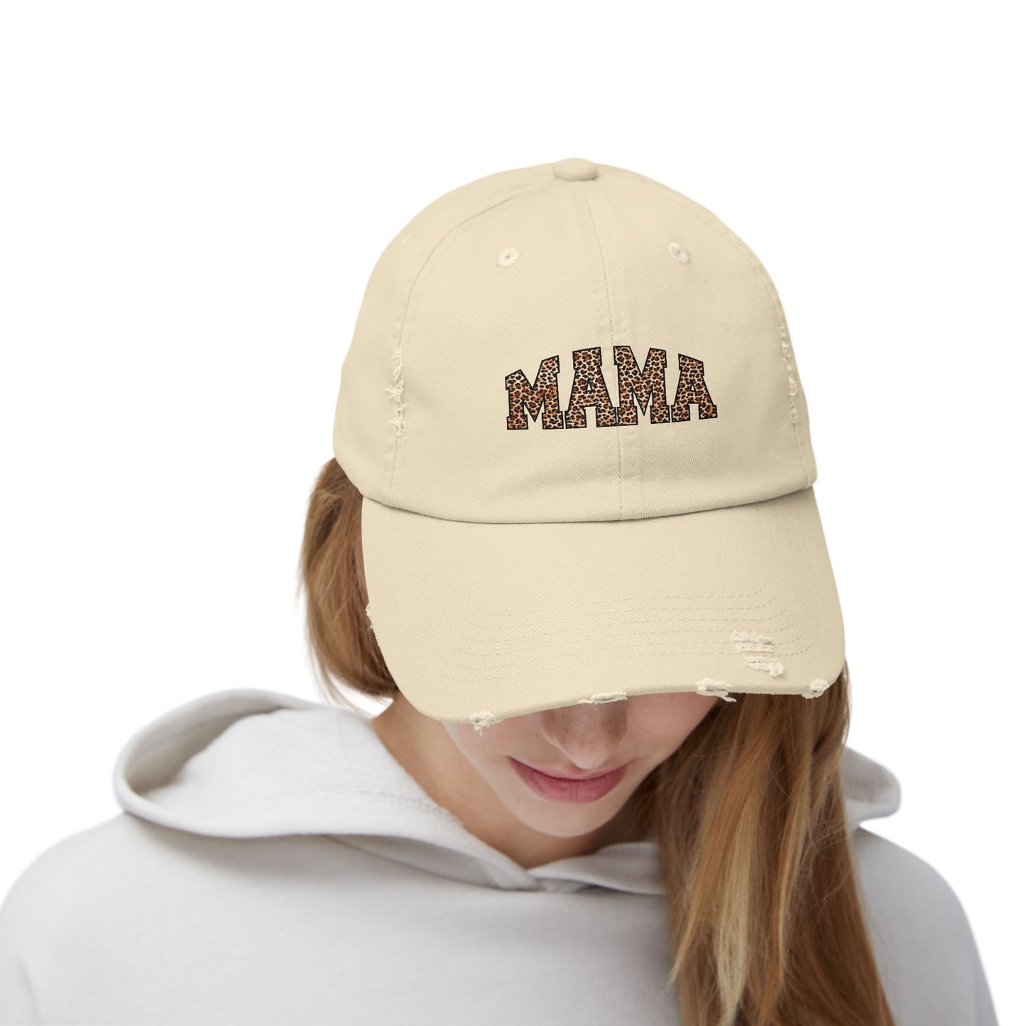 Distressed Mama Cap - Unisex Black Hat with Trendy Leopard Print