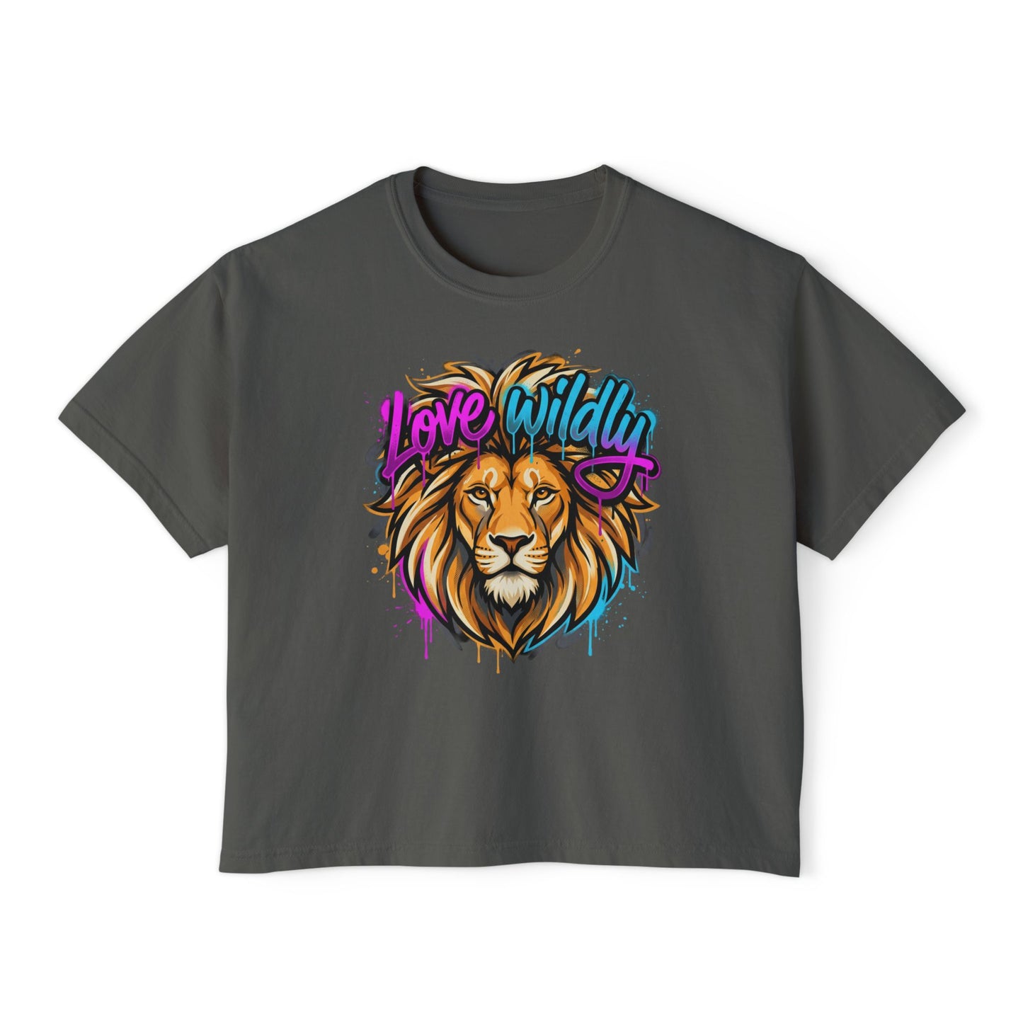 Love Wildly Lion Graphic Tee | Women's Boxy Tee, Colorful Lion Illustration