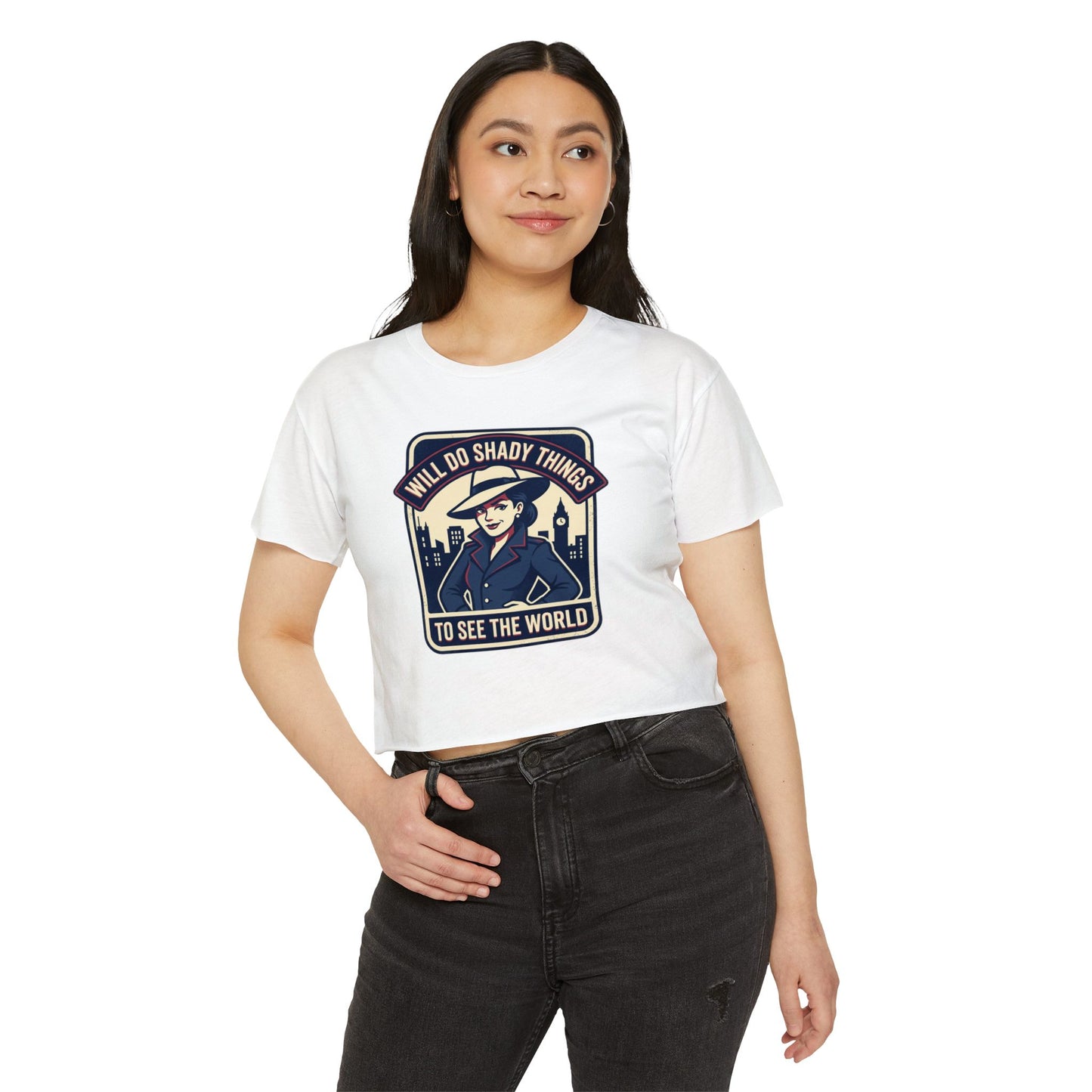 Crop Top — "Will Do Shady Things to See the World" Retro Travel Graphic