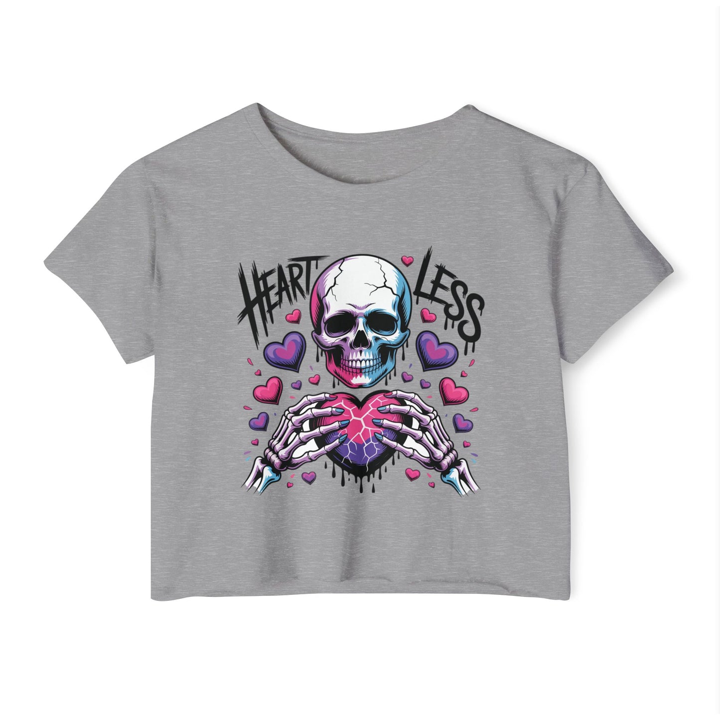 Heartless Skull Heart crop top | skull with pink hearts, edgy festival tee