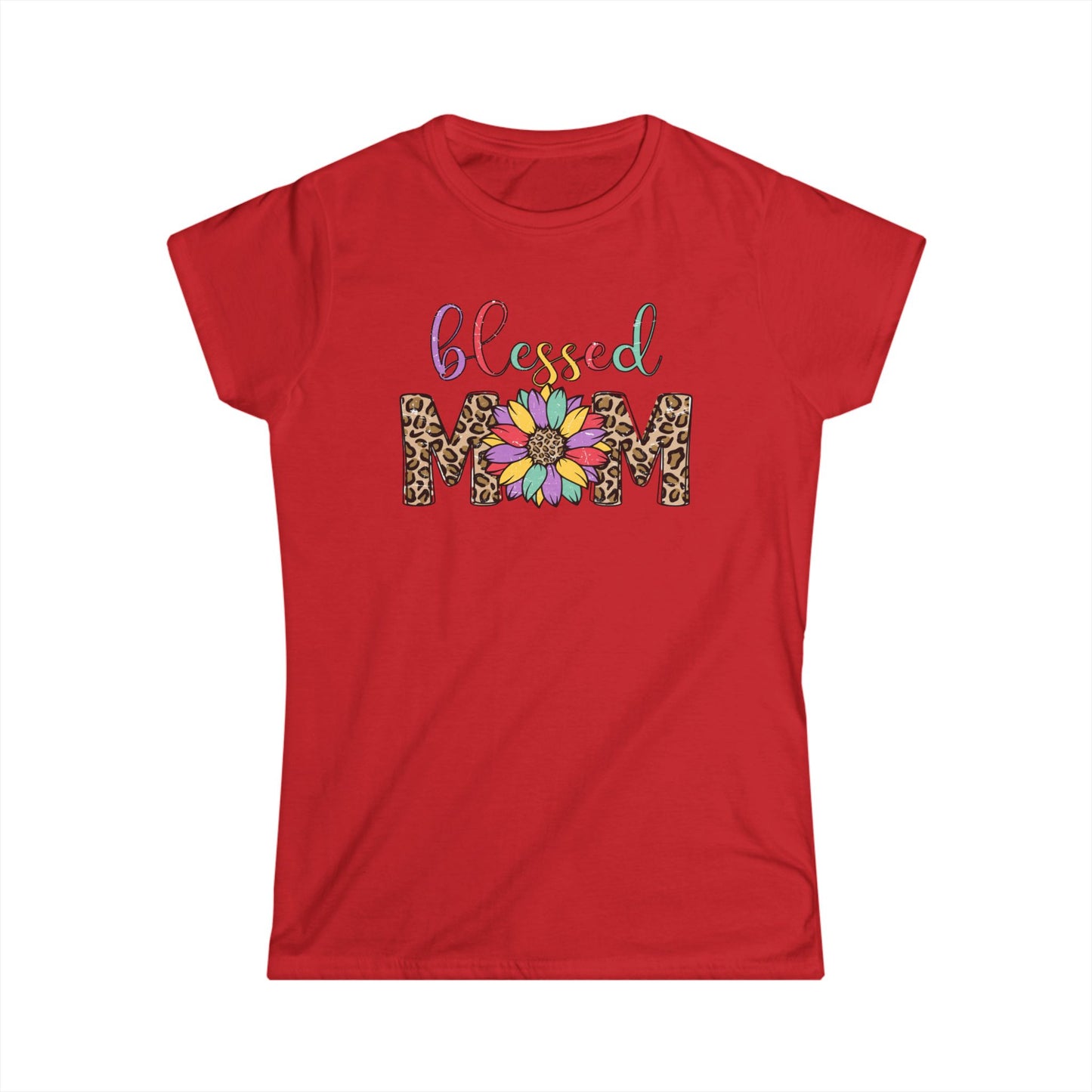 Blessed Mom Women's Softstyle Tee - Floral & Leopard Print Design