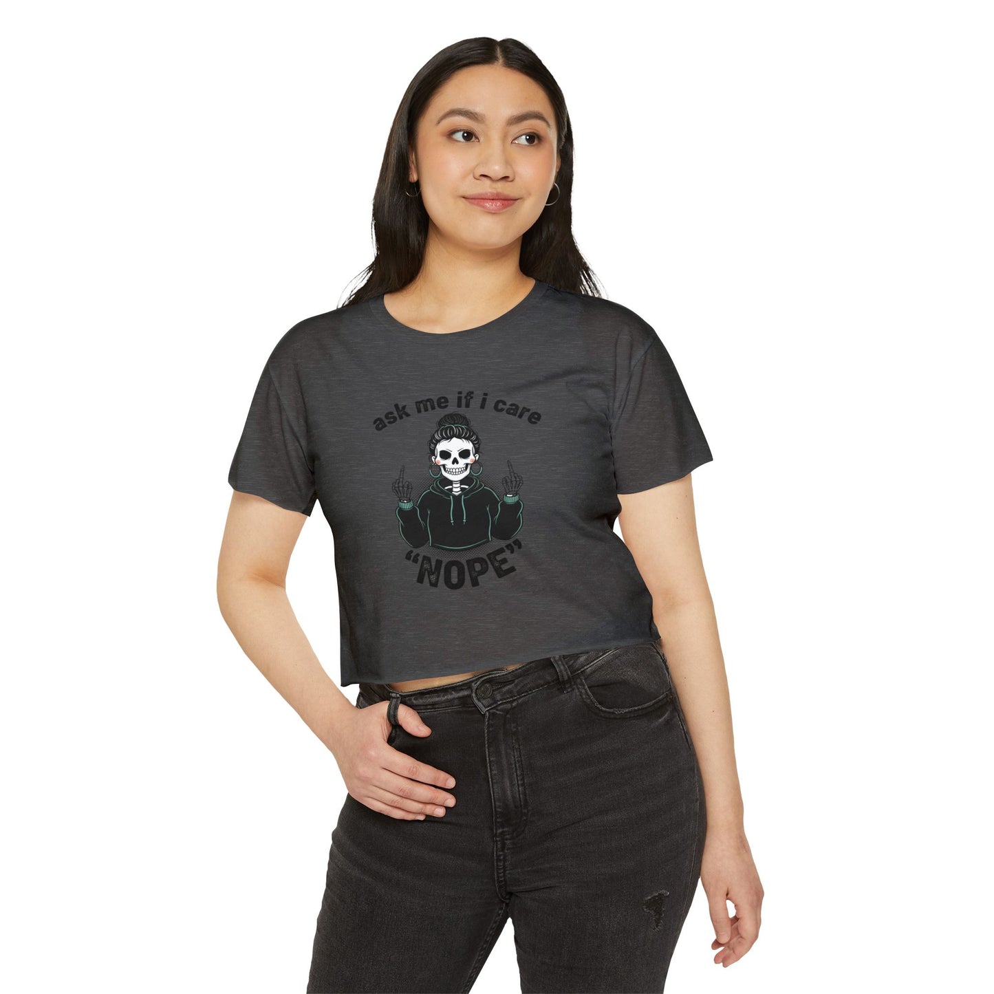 Crop Top — "Ask Me If I Care" Skull Graphic Festival Shirt