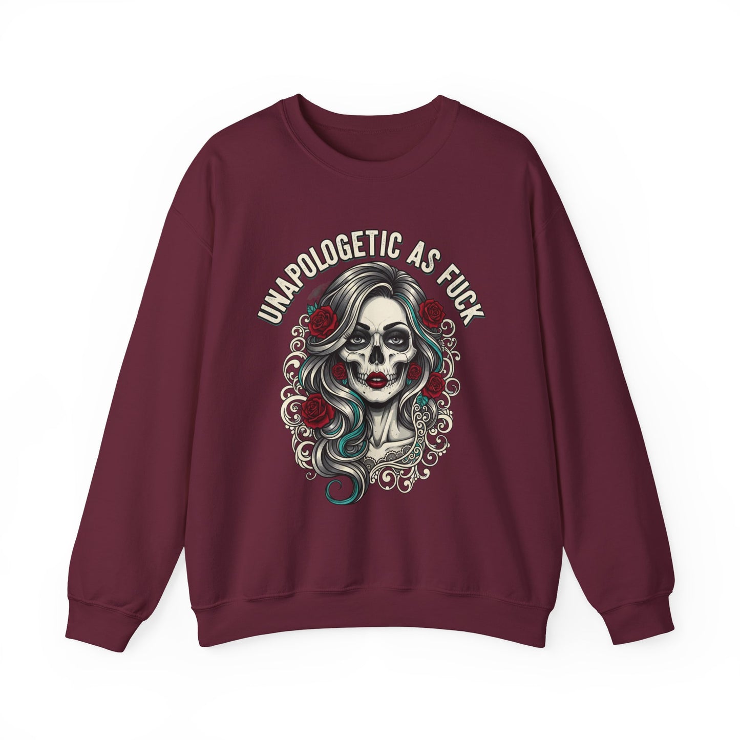 Unapologetic Skull Girl Crewneck Sweatshirt | Day of the Dead Floral Graphic