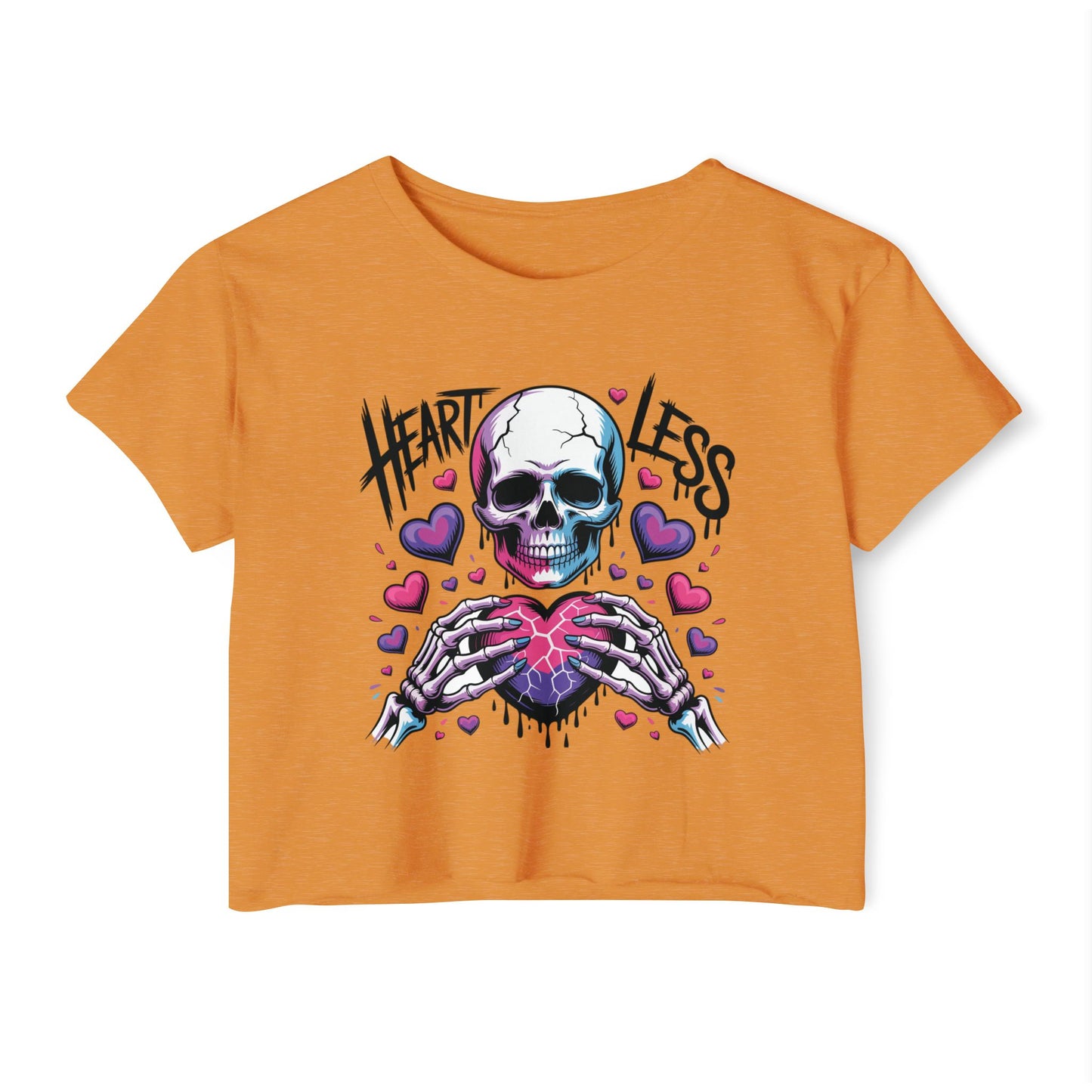 Heartless Skull Heart crop top | skull with pink hearts, edgy festival tee