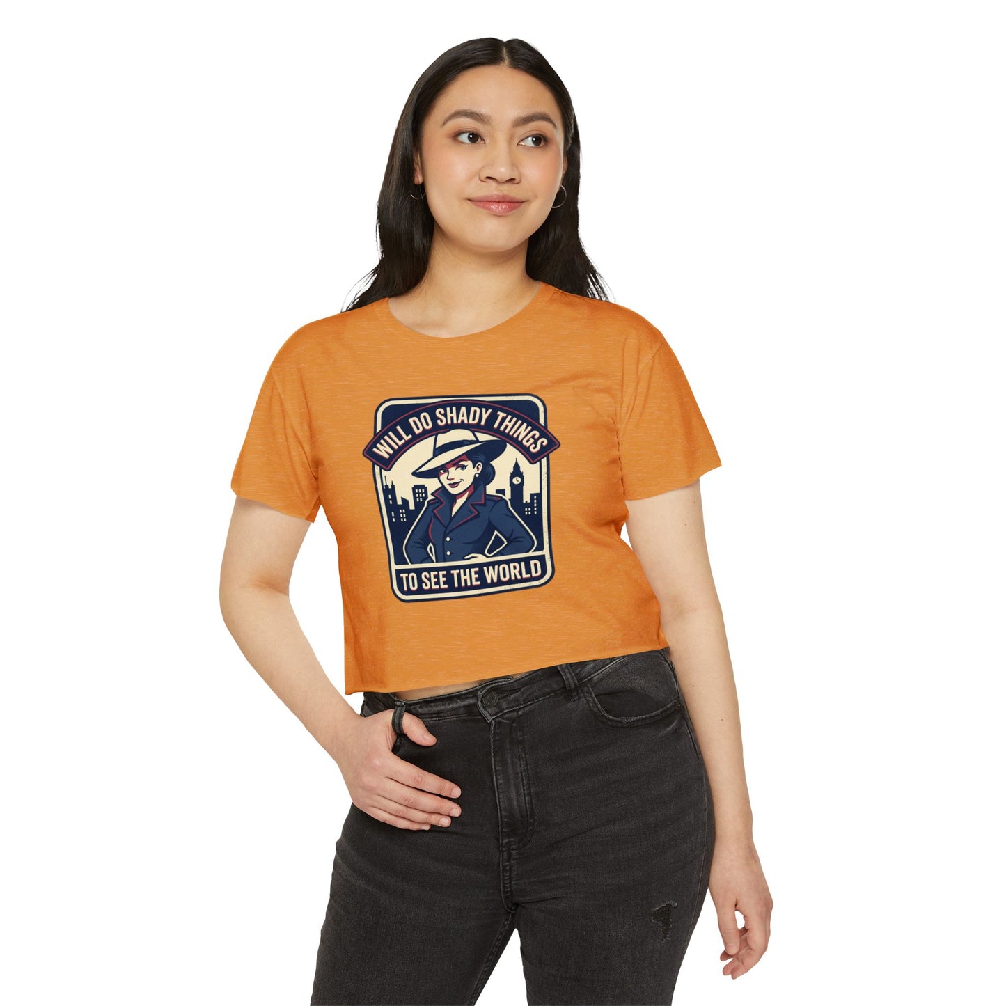 Crop Top — "Will Do Shady Things to See the World" Retro Travel Graphic