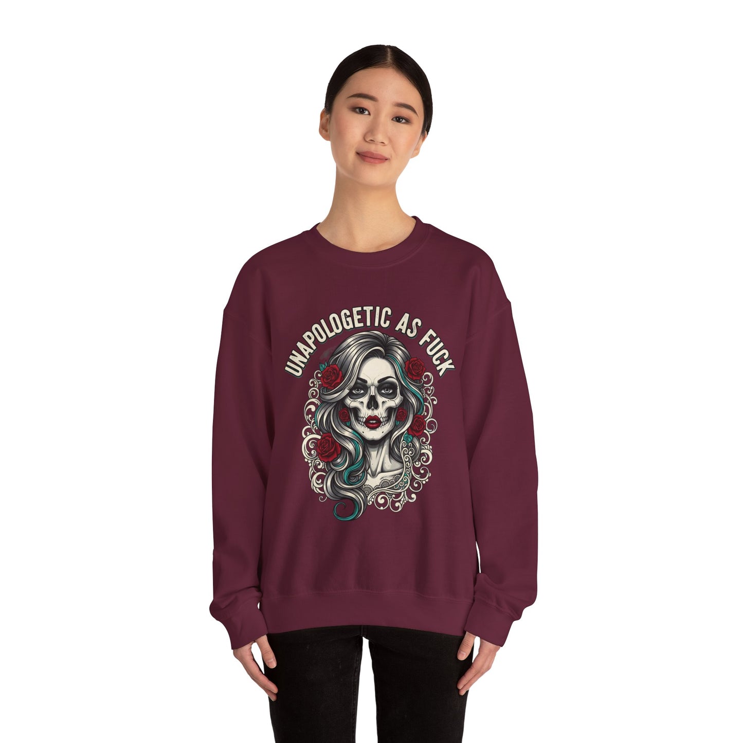 Unapologetic Skull Girl Crewneck Sweatshirt | Day of the Dead Floral Graphic