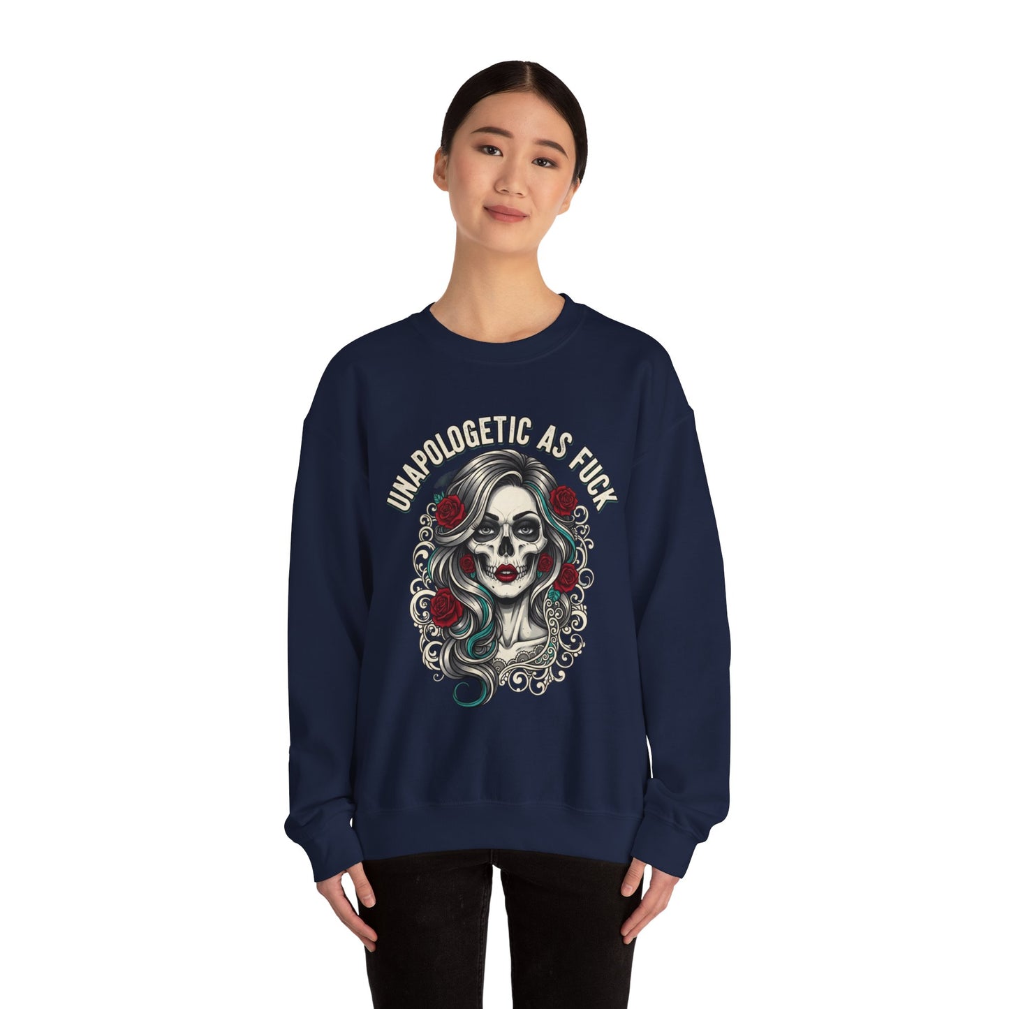 Unapologetic Skull Girl Crewneck Sweatshirt | Day of the Dead Floral Graphic