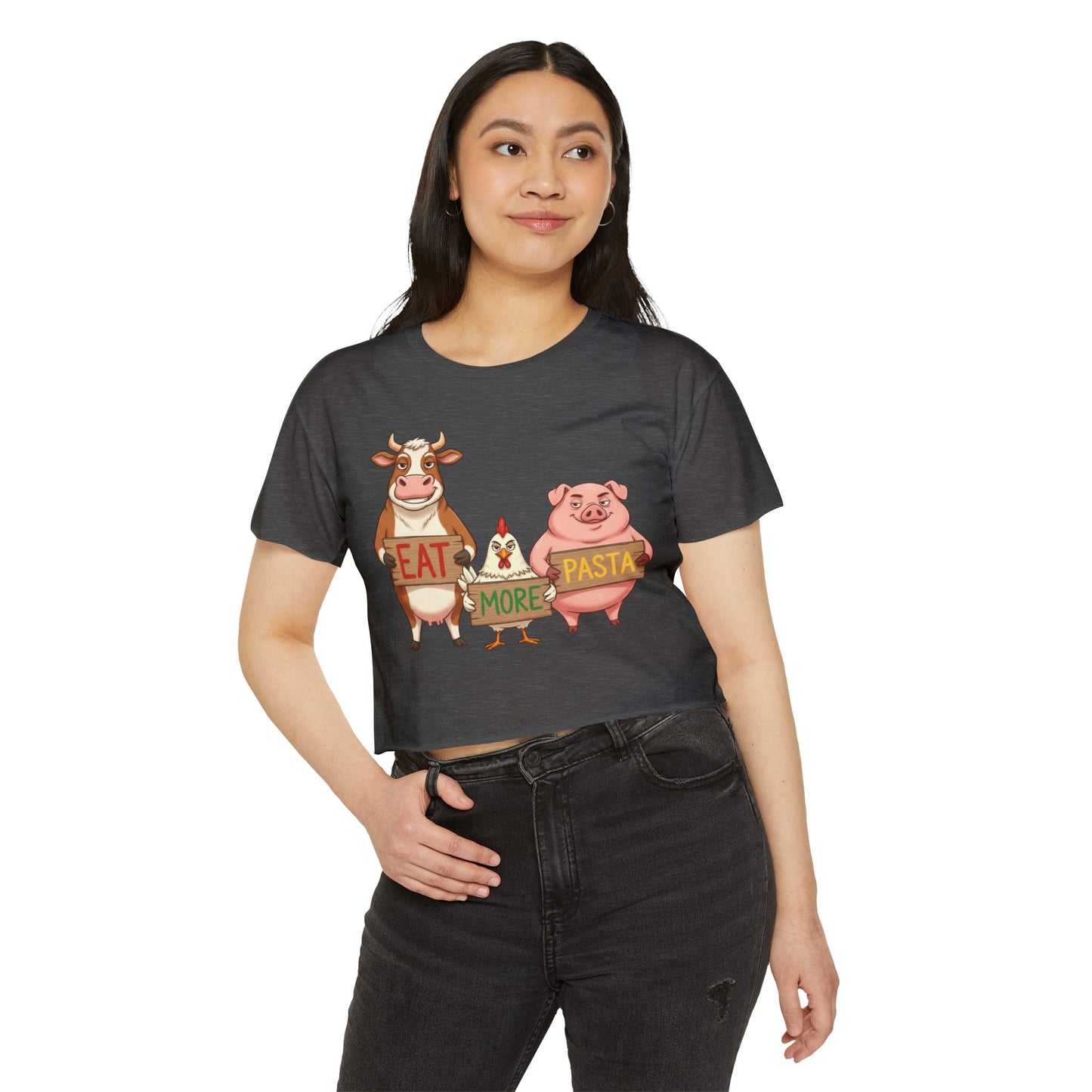 Eat More Pasta cow chicken pig design Crop Top | farm animal illustration, funny