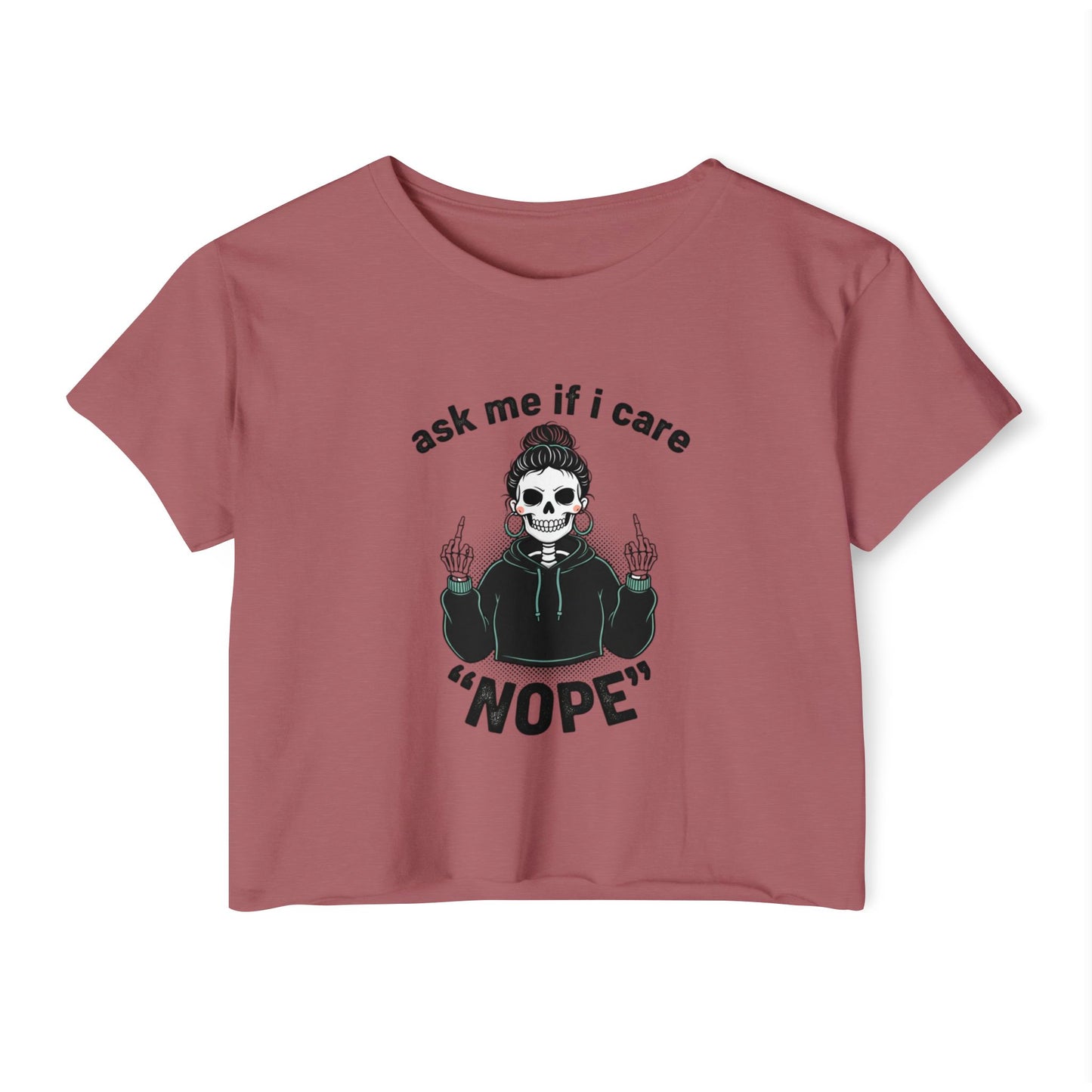 Crop Top — "Ask Me If I Care" Skull Graphic Festival Shirt