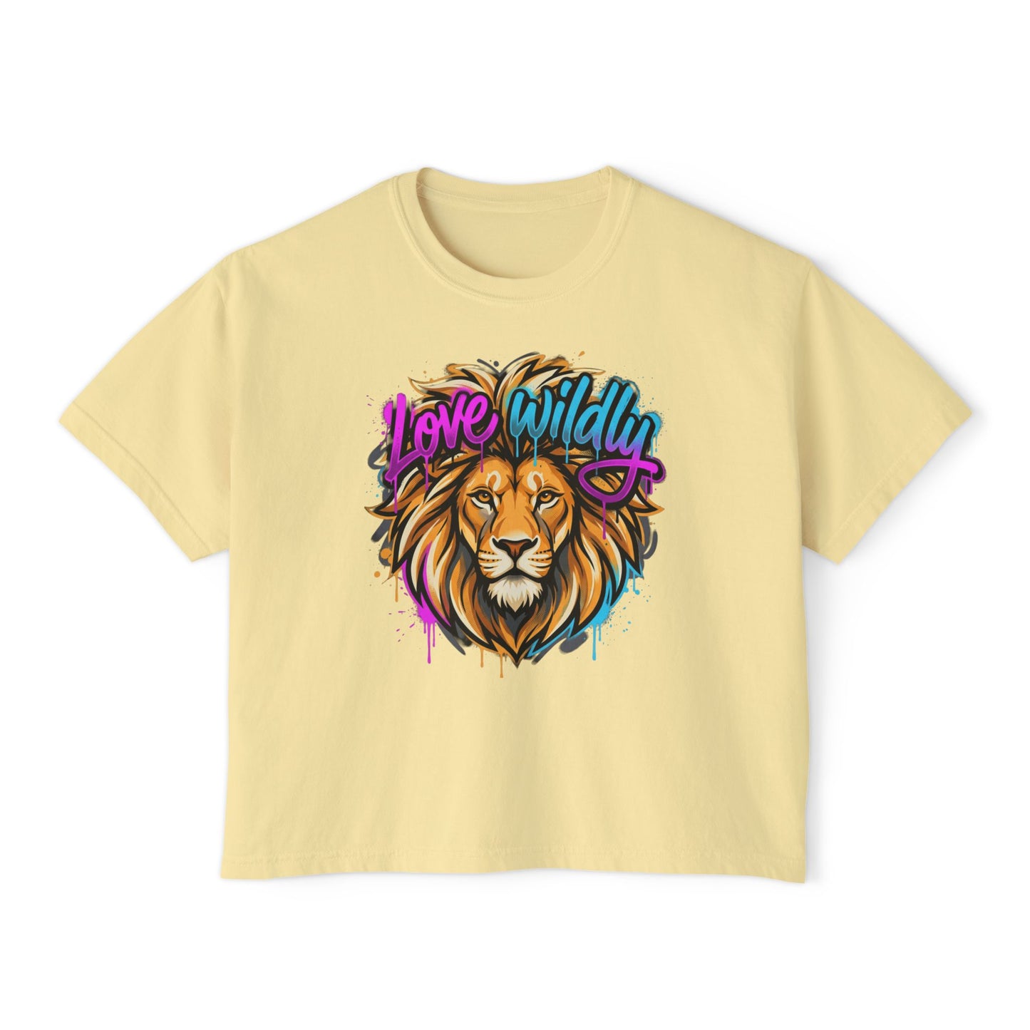 Love Wildly Lion Graphic Tee | Women's Boxy Tee, Colorful Lion Illustration