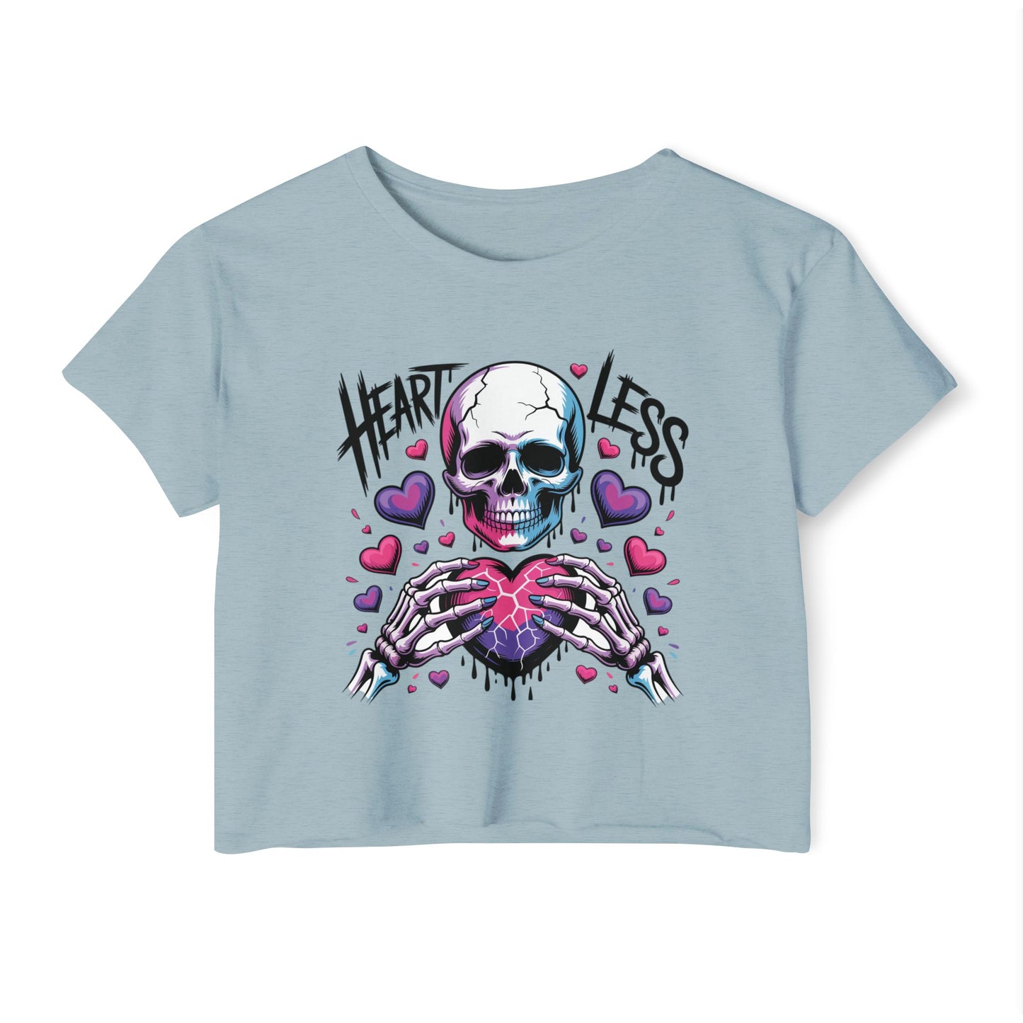 Heartless Skull Heart crop top | skull with pink hearts, edgy festival tee