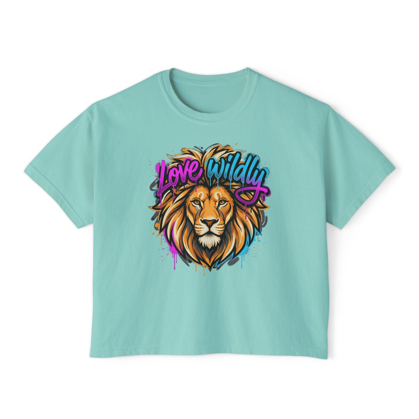 Love Wildly Lion Graphic Tee | Women's Boxy Tee, Colorful Lion Illustration