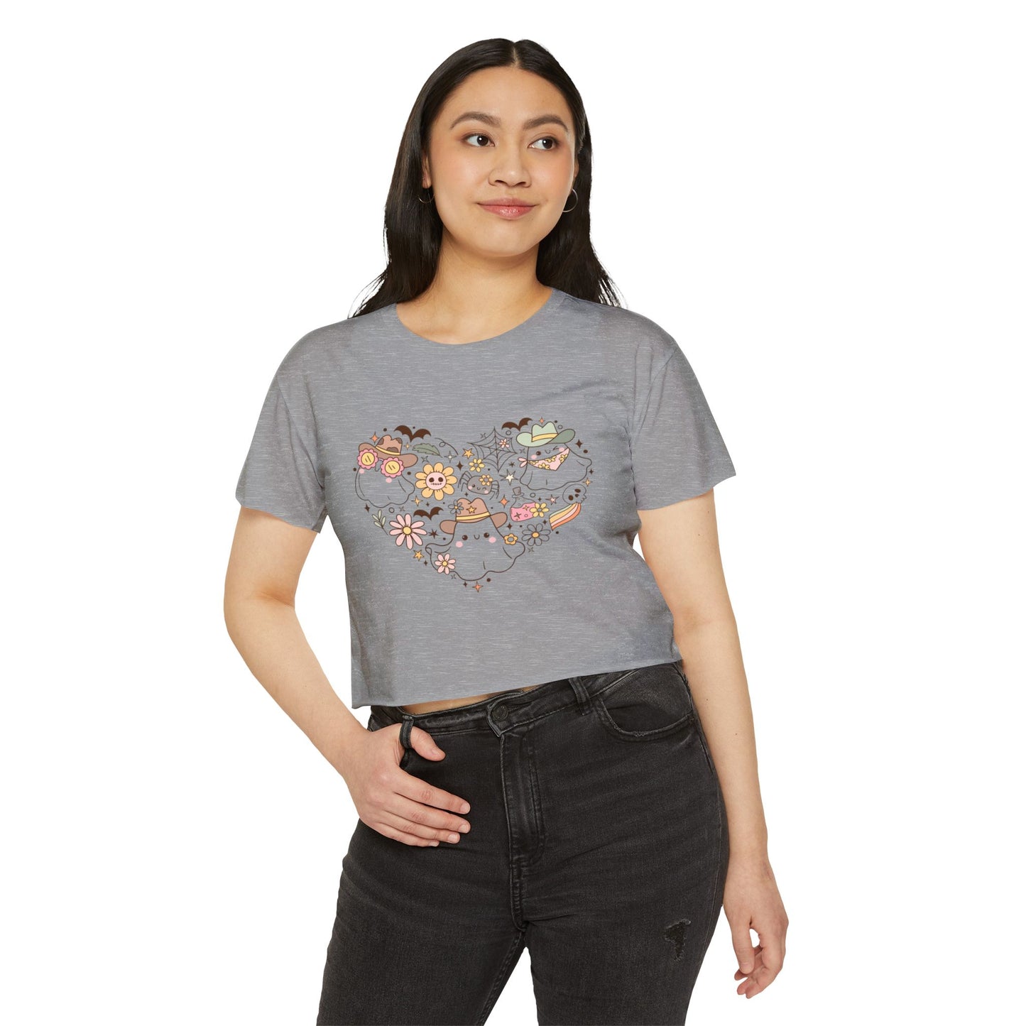 Women's crop Top with Floral Ghost Design, Summer T-Shirt, Boho Style Top, Festival Wear, Cute Casual Summer Shirt