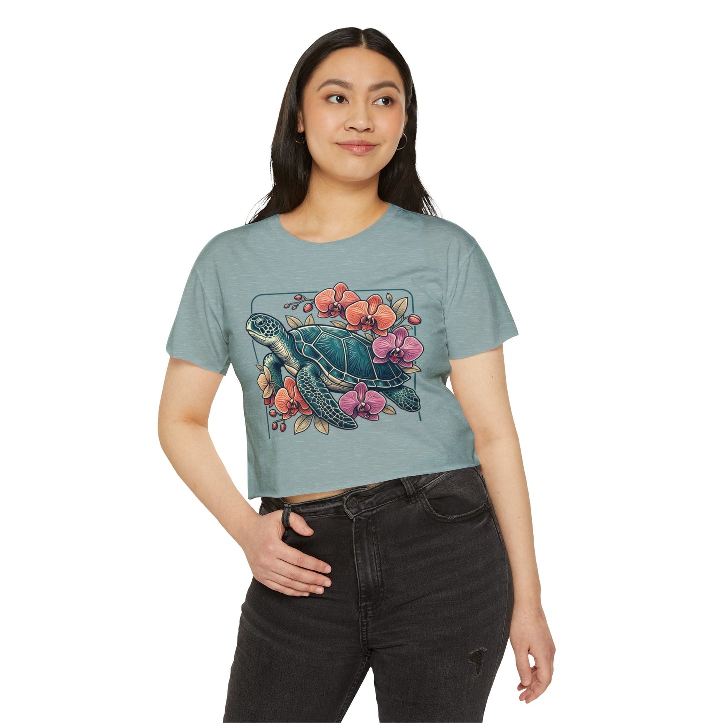 Turtle Floral Crop Top — Women’s Tropical Sea Turtle Graphic Tee