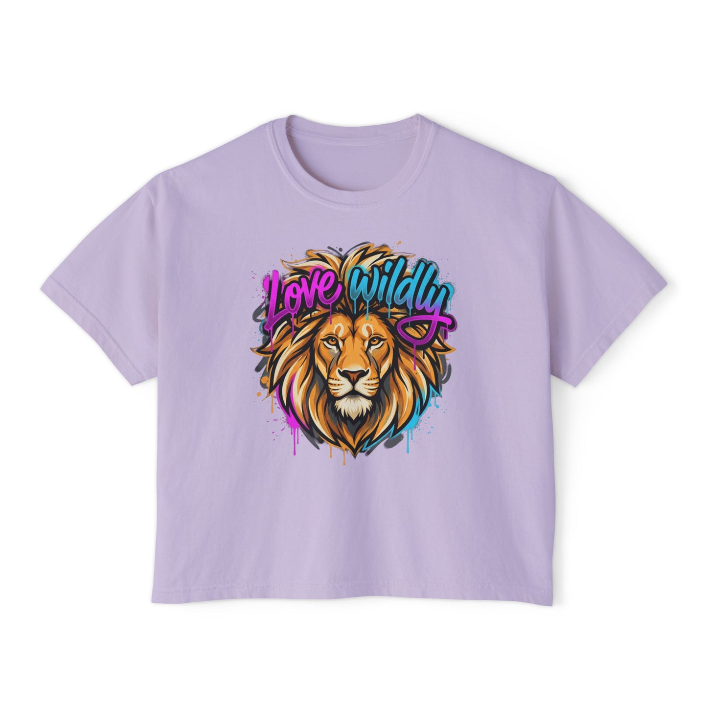 Love Wildly Lion Graphic Tee | Women's Boxy Tee, Colorful Lion Illustration