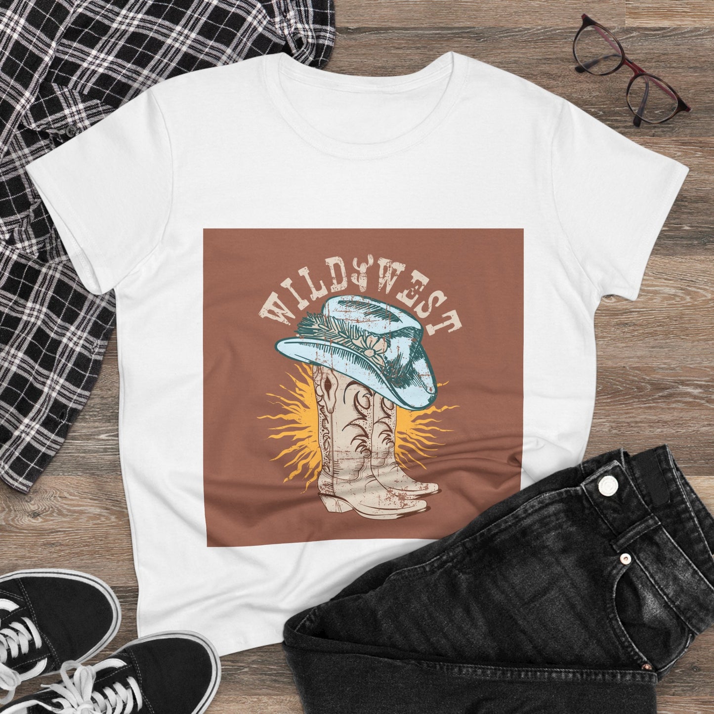 Wild West Women's Cotton Tee - Casual Summer Top, Boho Fashion, Vintage Graphic Shirt, Gift for Cowgirls, Western Wear