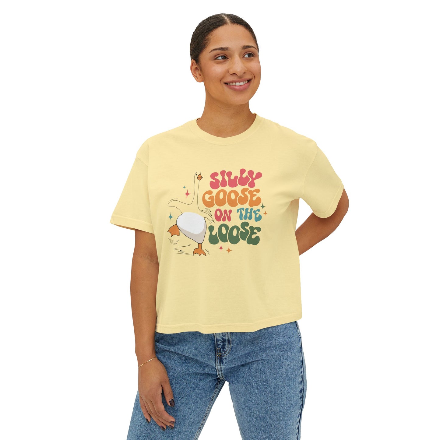 Silly Goose On The Loose boxy tee | Retro duck illustration, playful typography