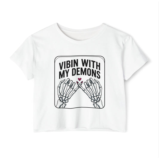 Vibin With My Demons Skeleton Hands Crop Top | Festival Halloween Tee