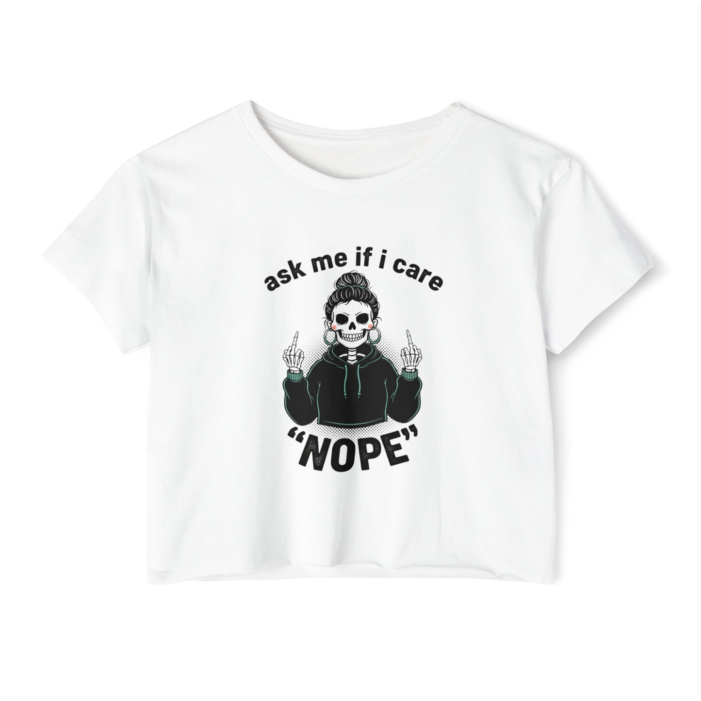 Crop Top — "Ask Me If I Care" Skull Graphic Festival Shirt