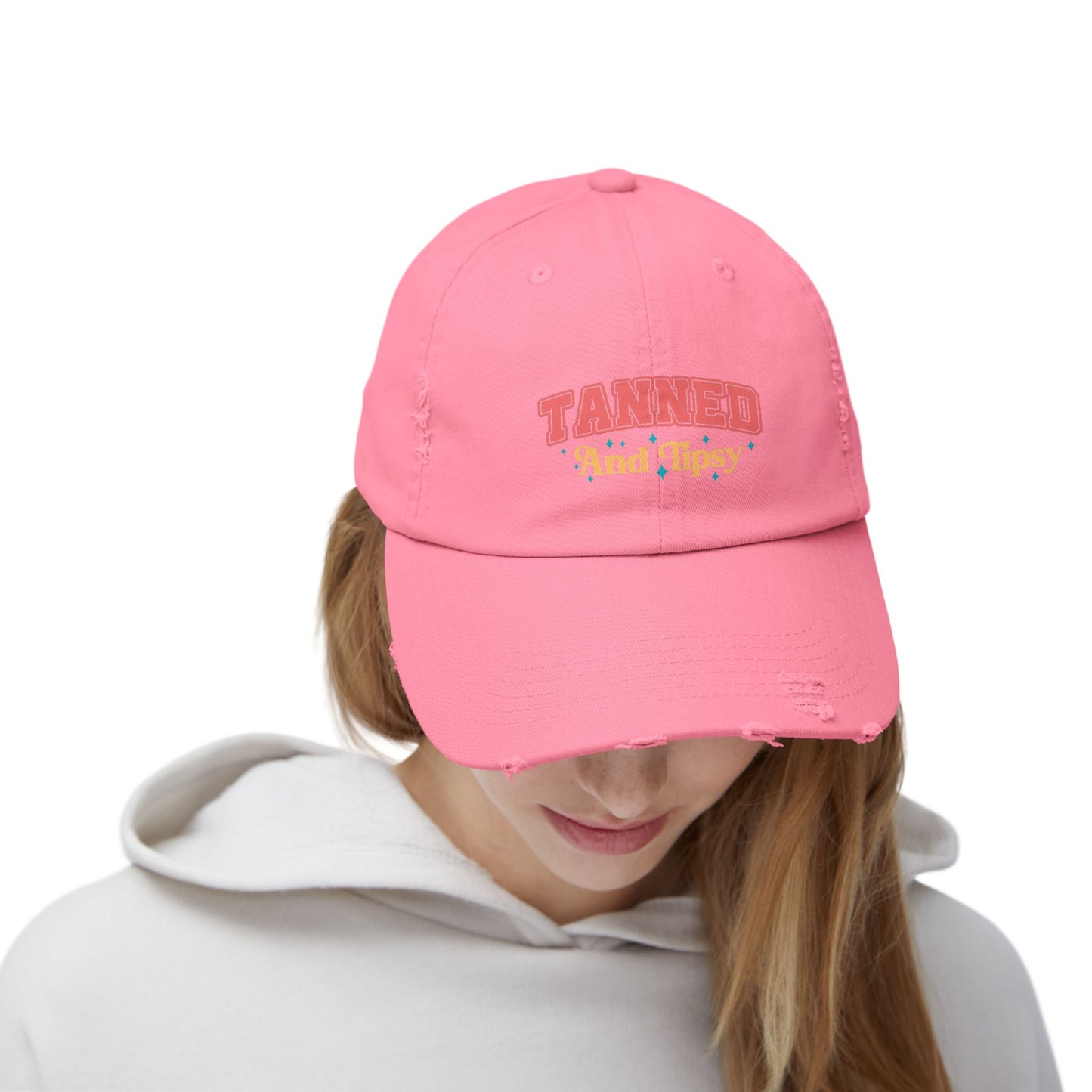Distressed Cap with 'Tanned and Tipsy' Design | Trendy Summer Accessory, Gift for Friends, Beachwear Essential, Outdoor Events