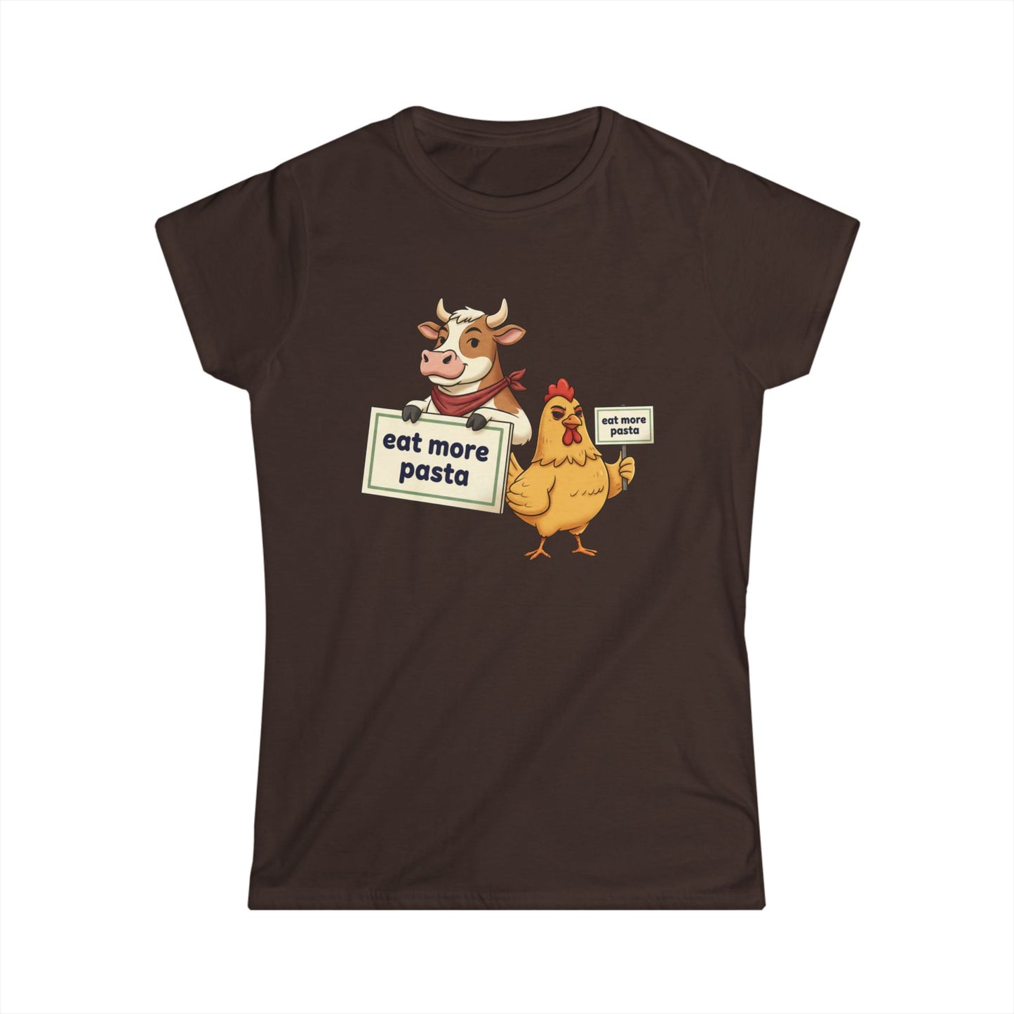 Women's Tee – Cute Cow & Chicken "Eat More Pasta" Cartoon Graphic