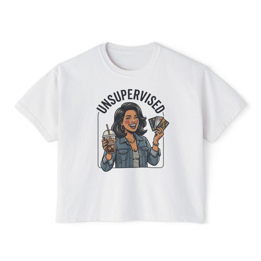 Unsupervised Women's Boxy Tee — Funny Graphic Coffee & Cards Design