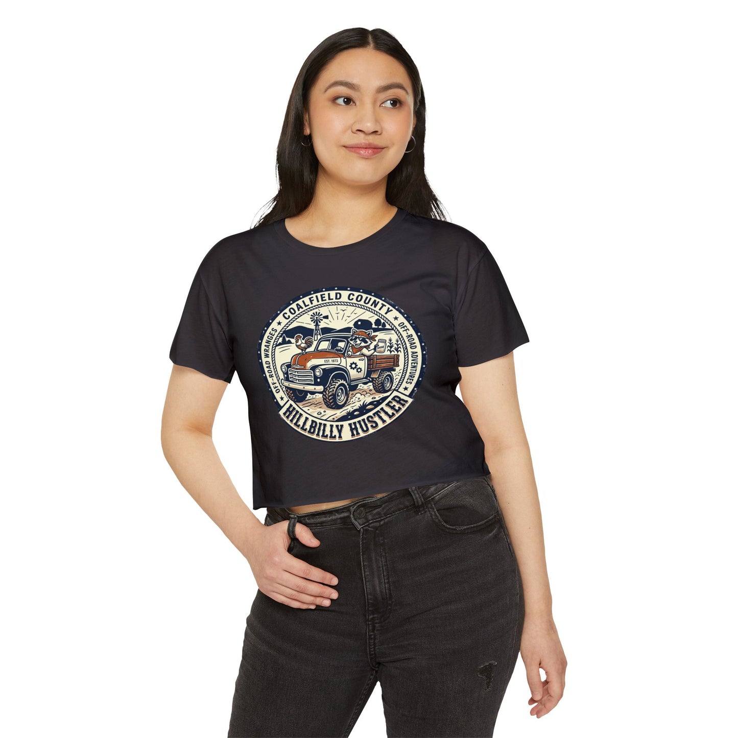 Hillbilly Hustler Truck Graphic Crop Top | Vintage Pickup, Country Offroad