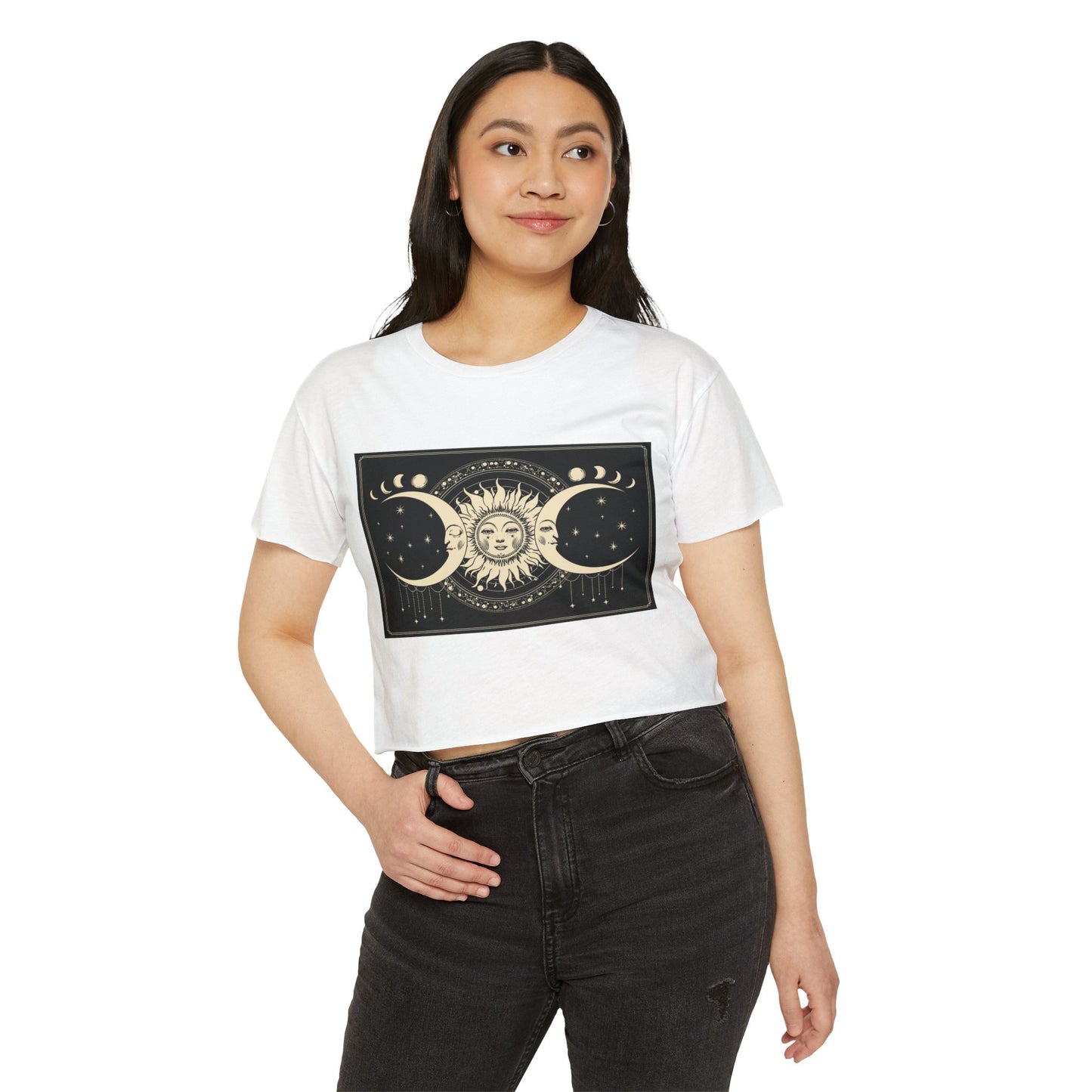 Celestial Sun & Moon Crop Top — Boho Festival Women's Tee