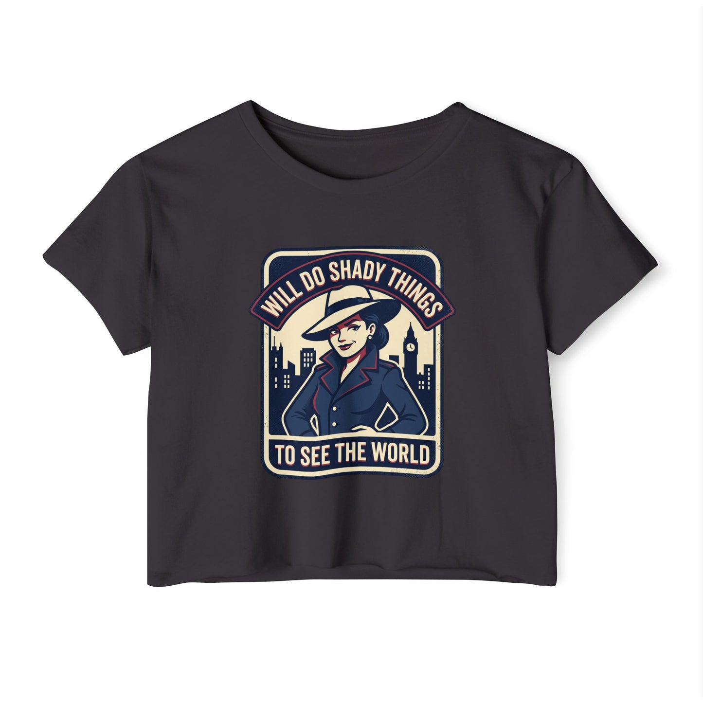 Crop Top — "Will Do Shady Things to See the World" Retro Travel Graphic