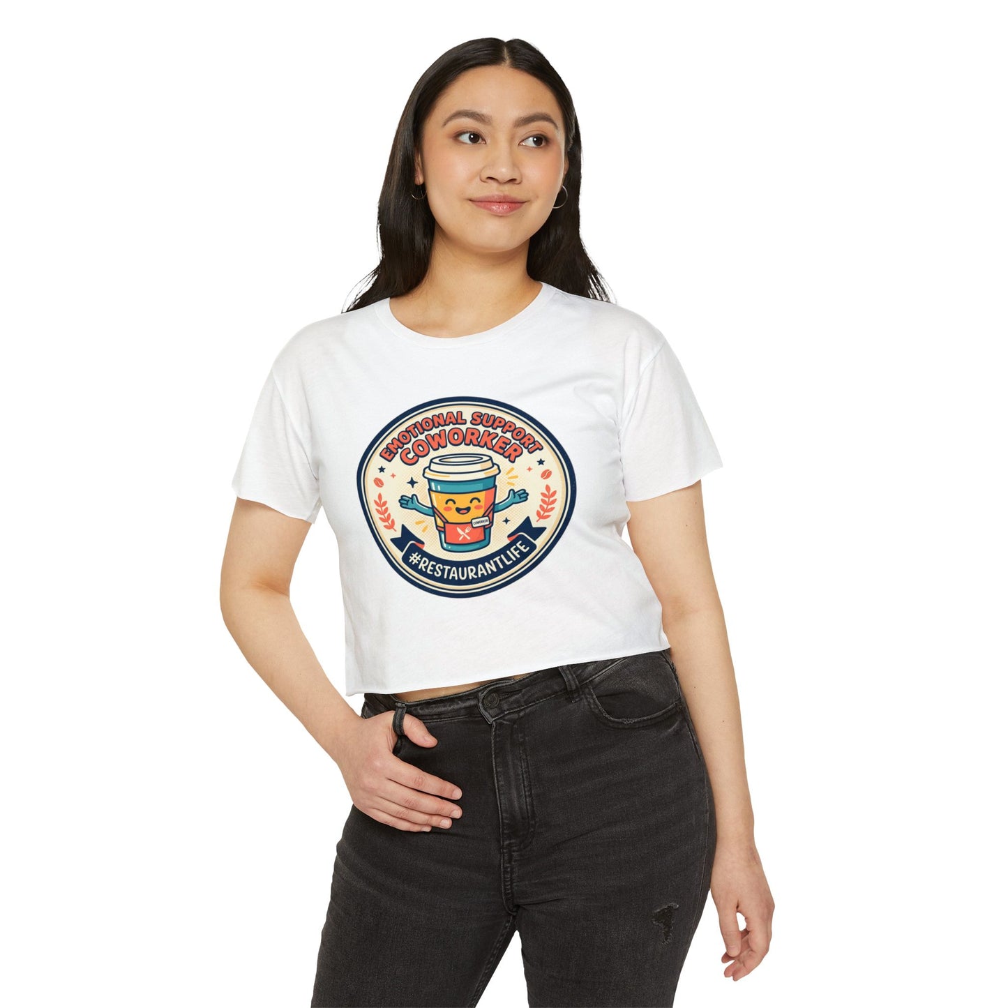 Restaurant Life Crop Top — Emotional Support Coworker Coffee Badge