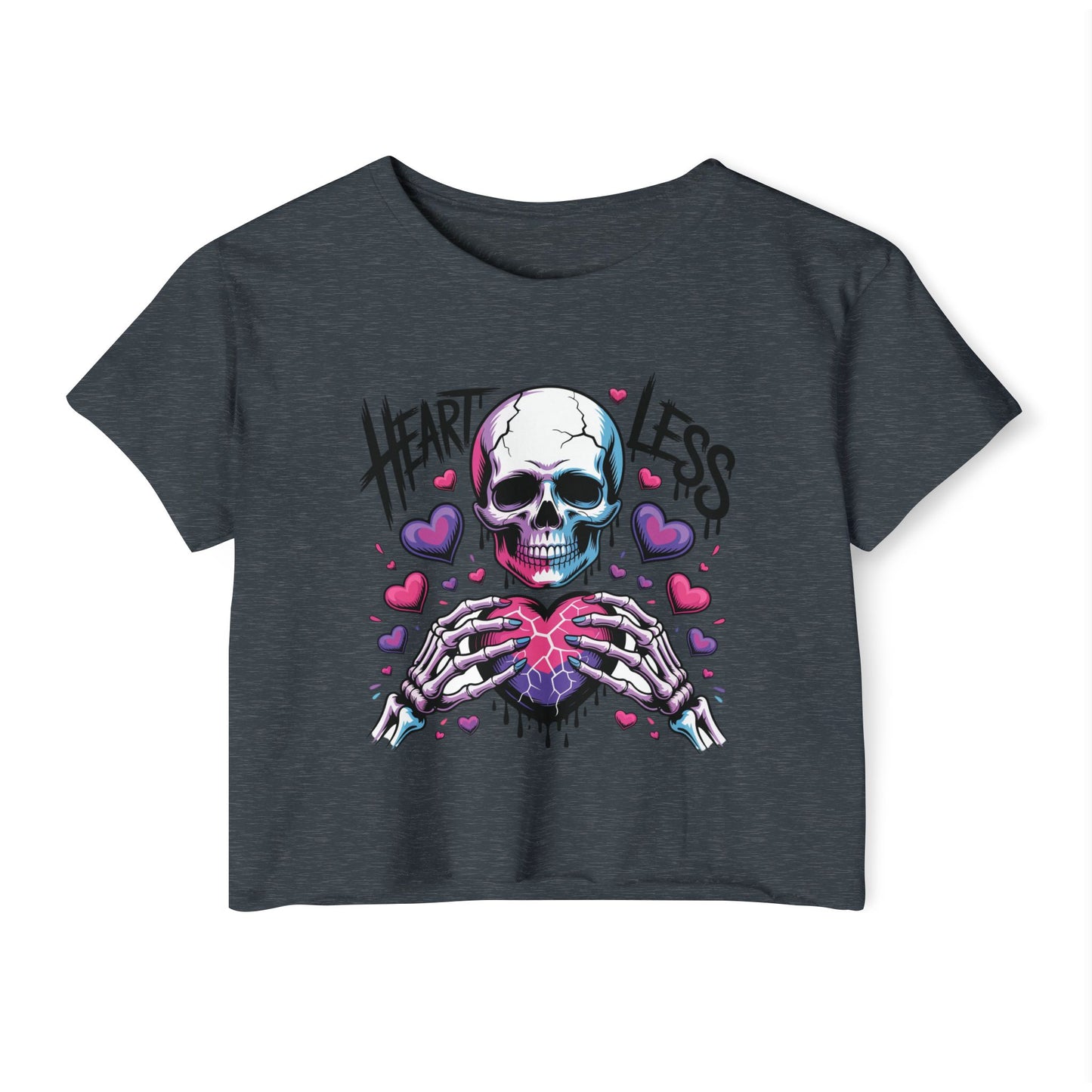 Heartless Skull Heart crop top | skull with pink hearts, edgy festival tee