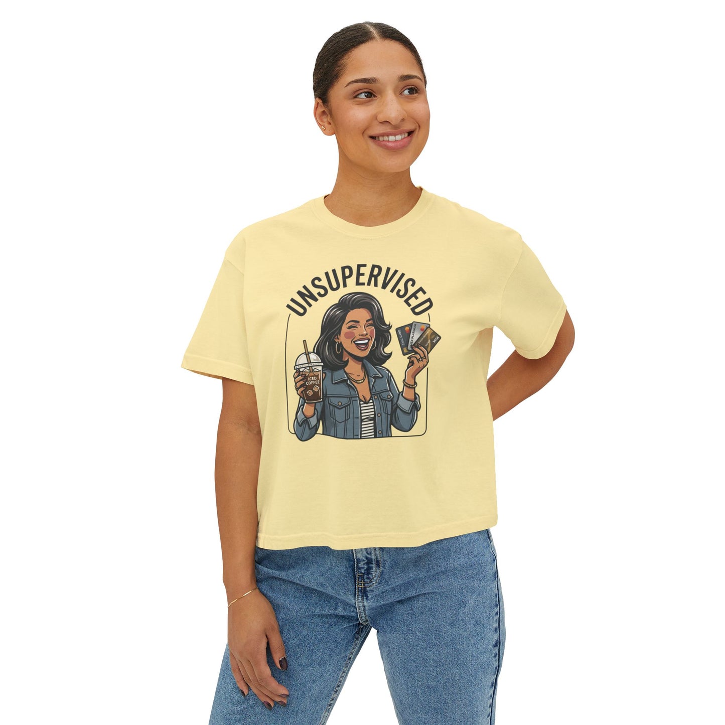 Unsupervised Women's Boxy Tee — Funny Graphic Coffee & Cards Design