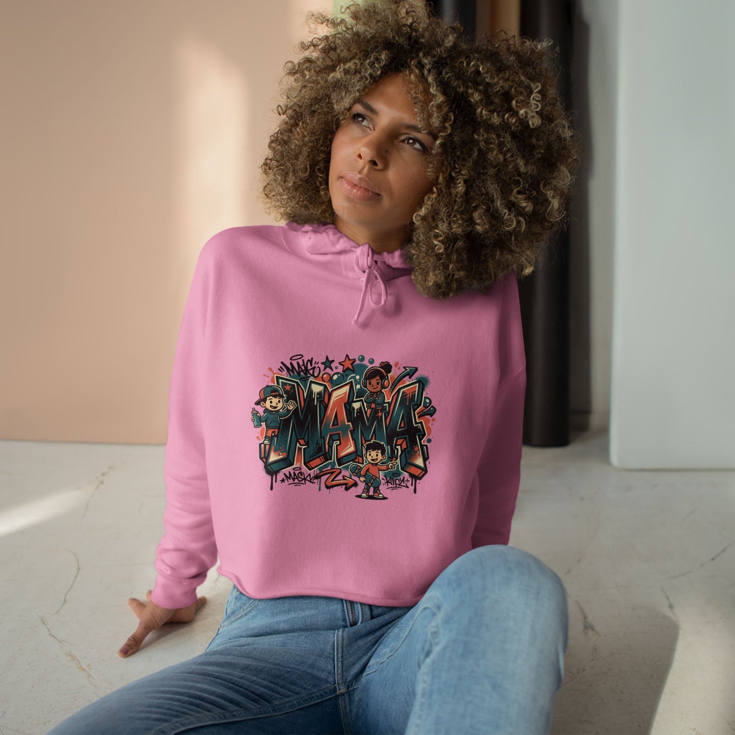 Graffiti Mural Cartoon Characters Crop Hoodie | Urban Street Art, Colorful Lettering