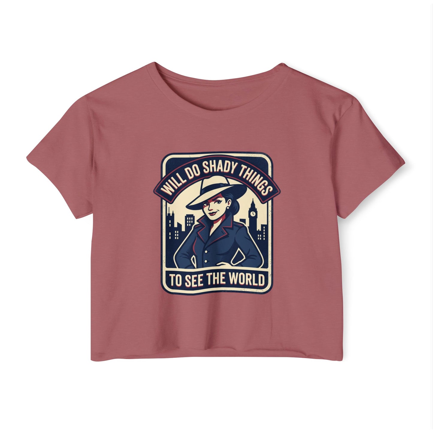 Crop Top — "Will Do Shady Things to See the World" Retro Travel Graphic
