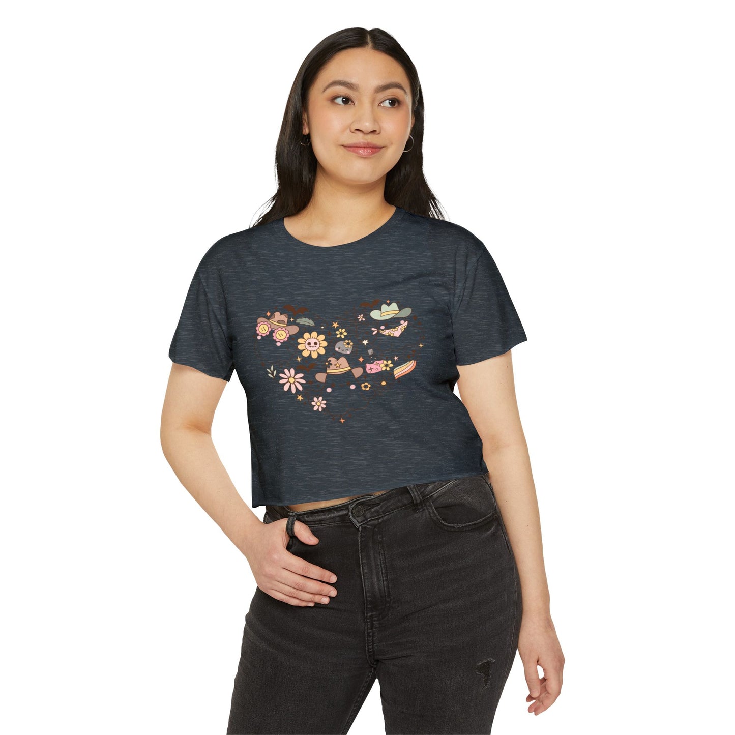 Women's crop Top with Floral Ghost Design, Summer T-Shirt, Boho Style Top, Festival Wear, Cute Casual Summer Shirt