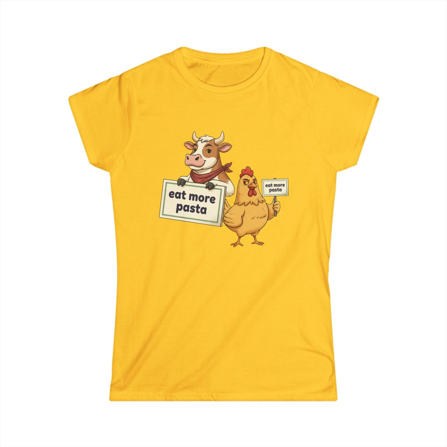 Women's Tee – Cute Cow & Chicken "Eat More Pasta" Cartoon Graphic