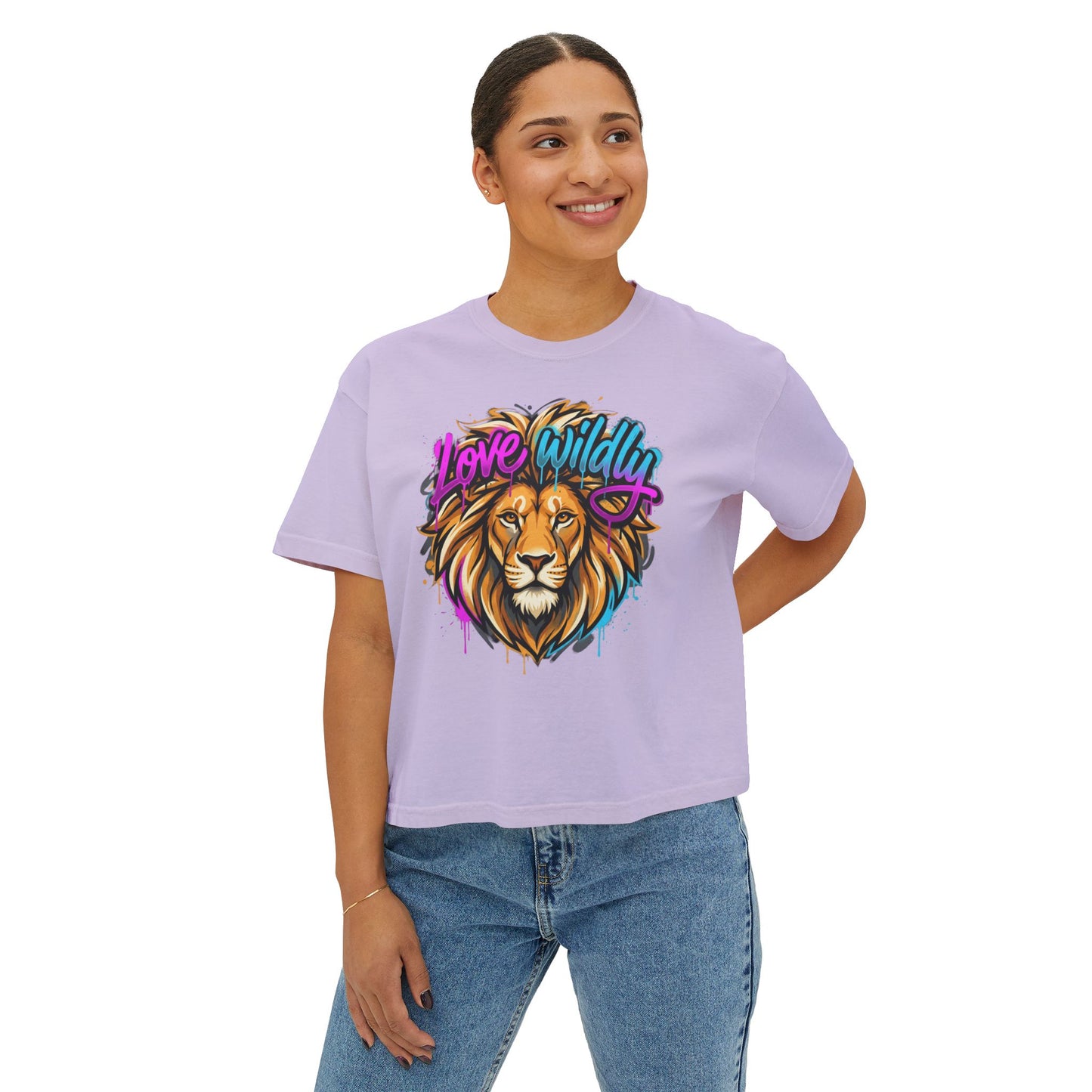 Love Wildly Lion Graphic Tee | Women's Boxy Tee, Colorful Lion Illustration