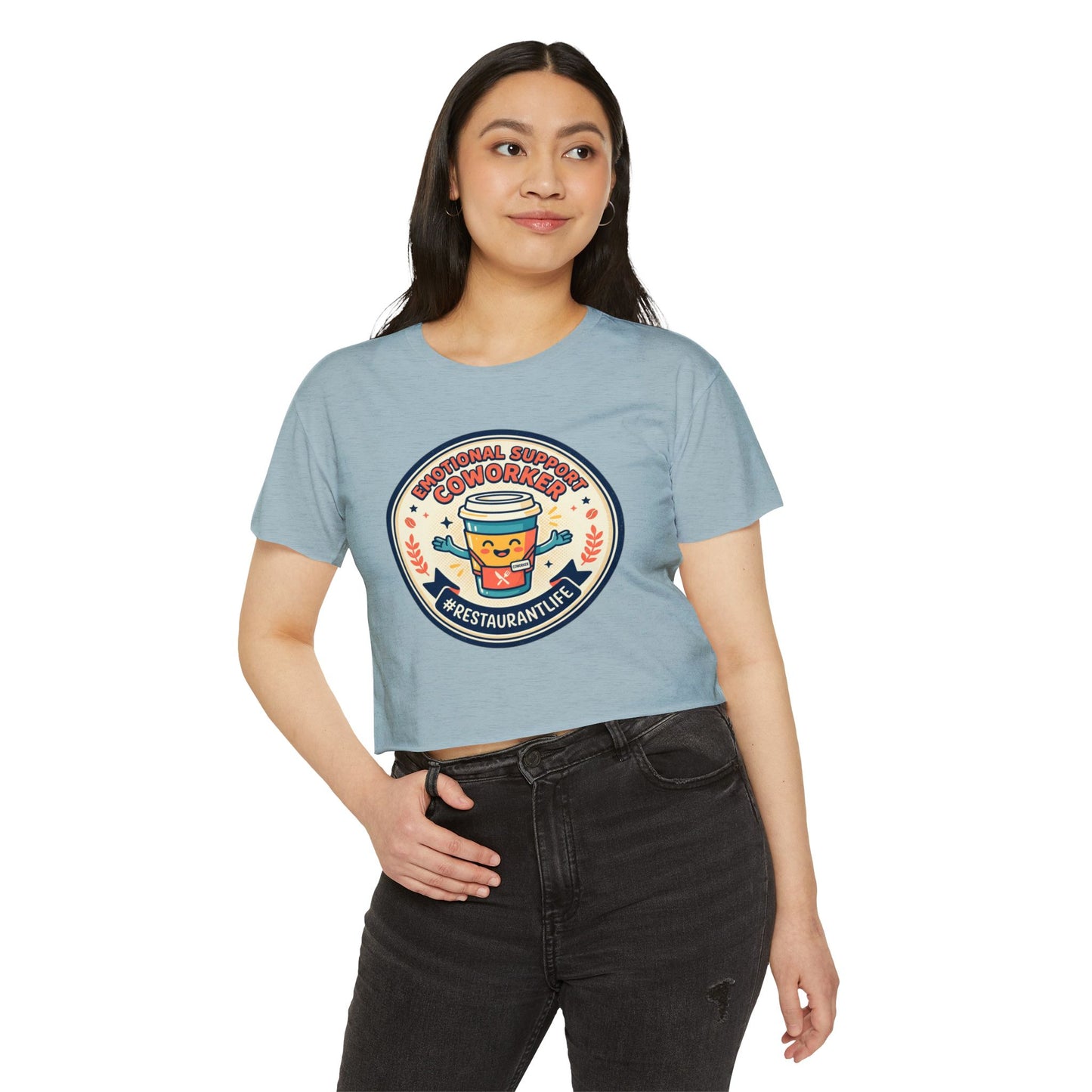 Restaurant Life Crop Top — Emotional Support Coworker Coffee Badge