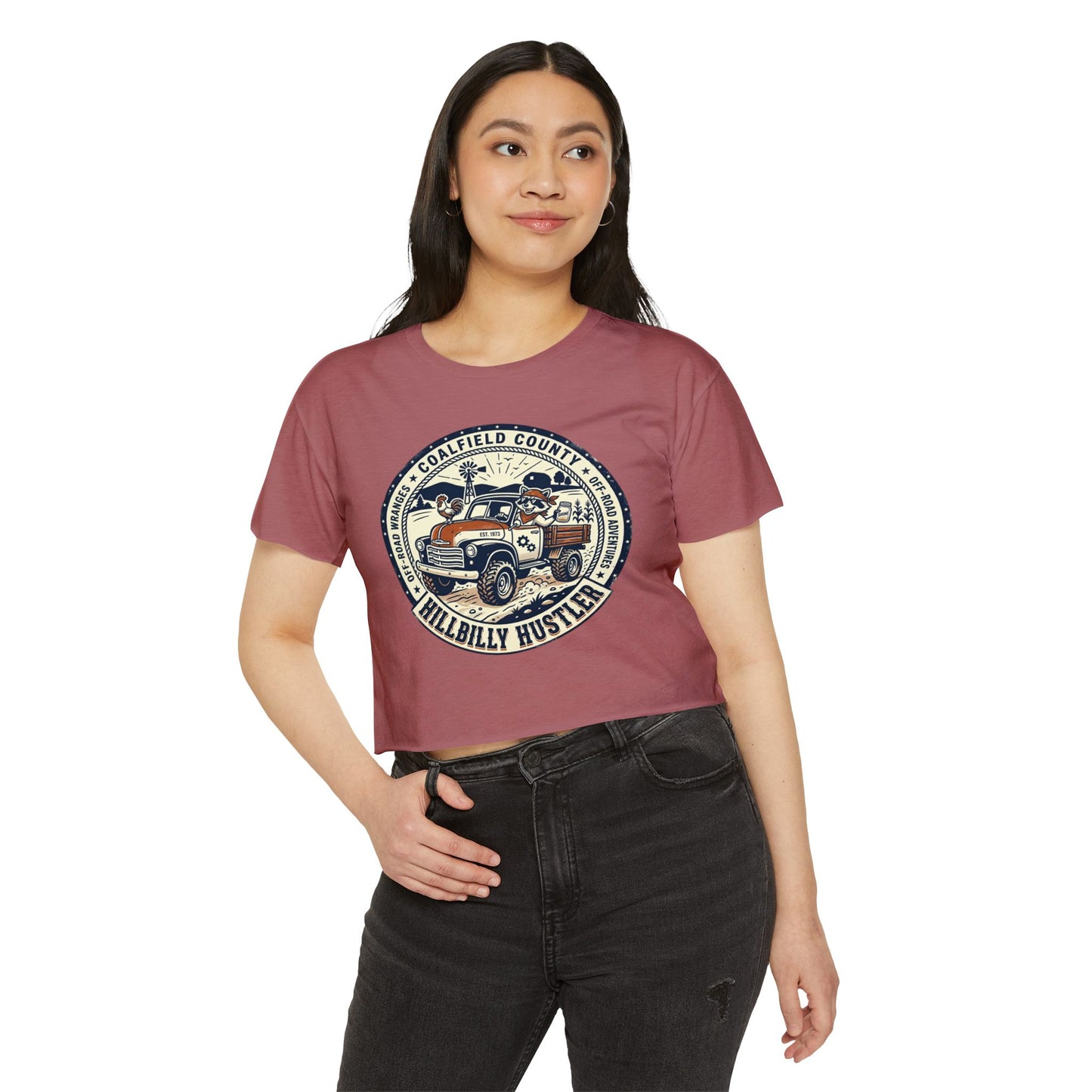 Hillbilly Hustler Truck Graphic Crop Top | Vintage Pickup, Country Offroad