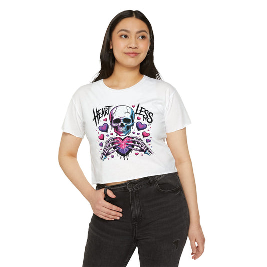 Heartless Skull Heart crop top | skull with pink hearts, edgy festival tee