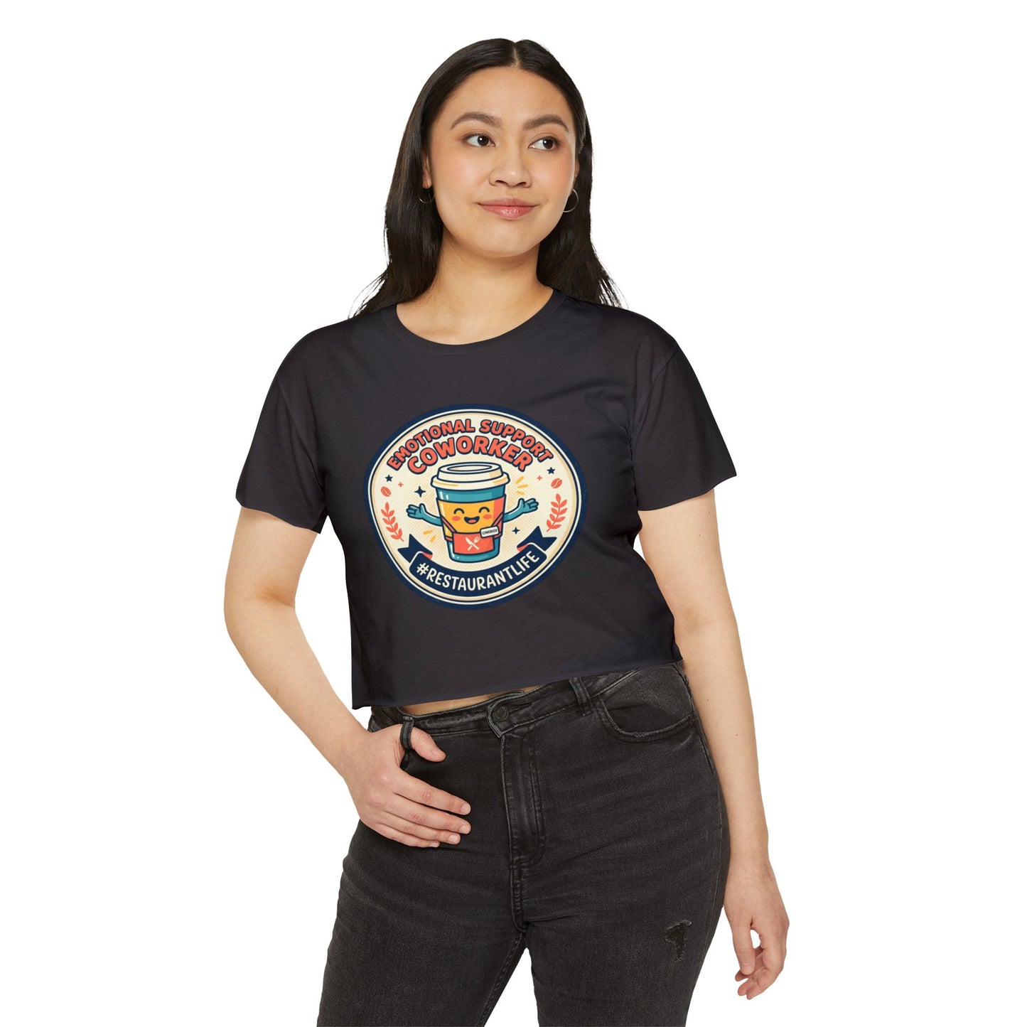 Restaurant Life Crop Top — Emotional Support Coworker Coffee Badge