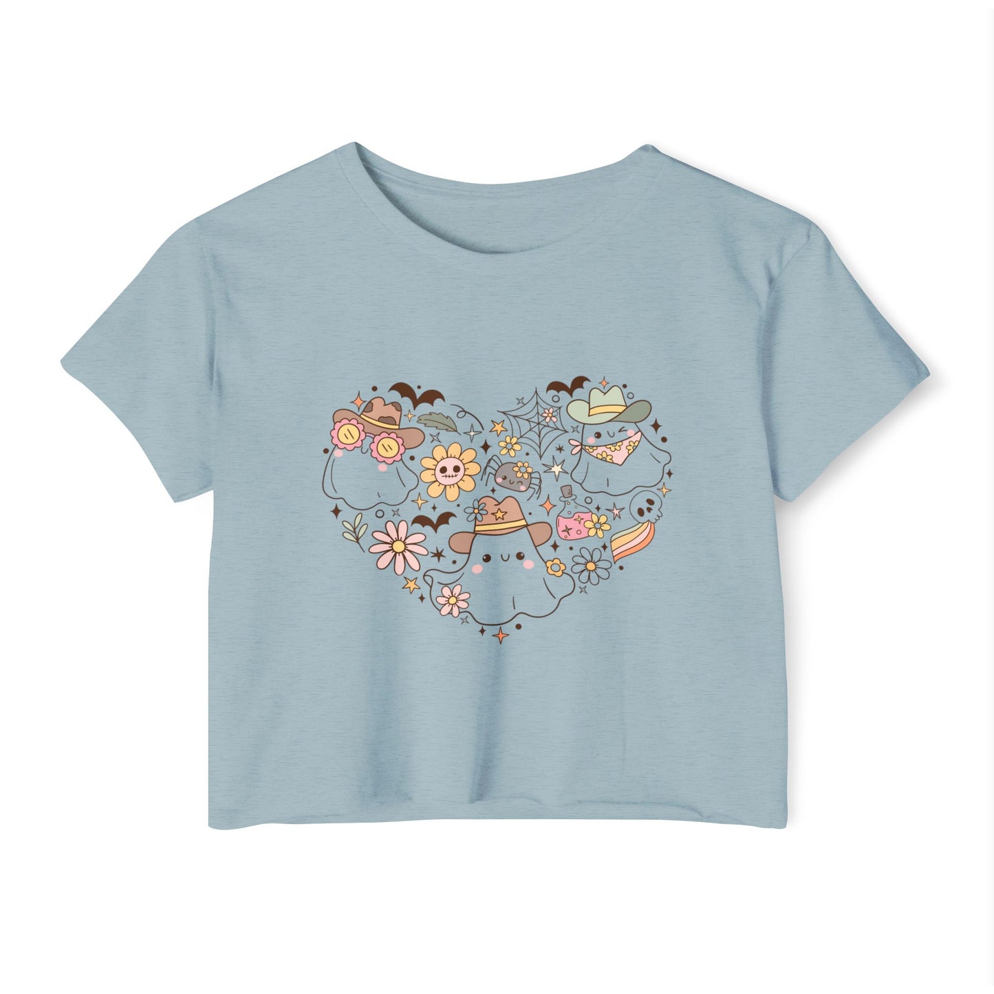 Women's crop Top with Floral Ghost Design, Summer T-Shirt, Boho Style Top, Festival Wear, Cute Casual Summer Shirt