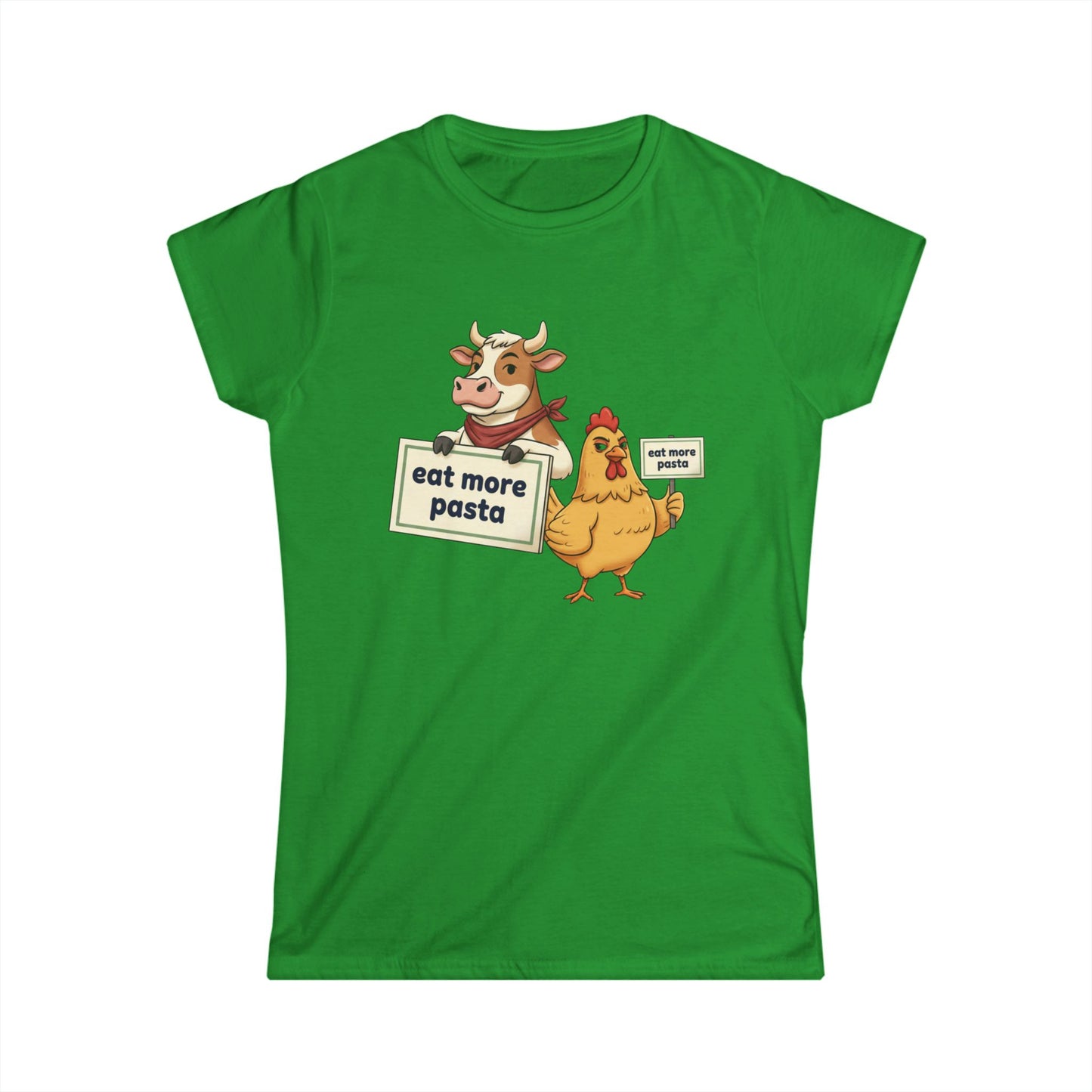 Women's Tee – Cute Cow & Chicken "Eat More Pasta" Cartoon Graphic