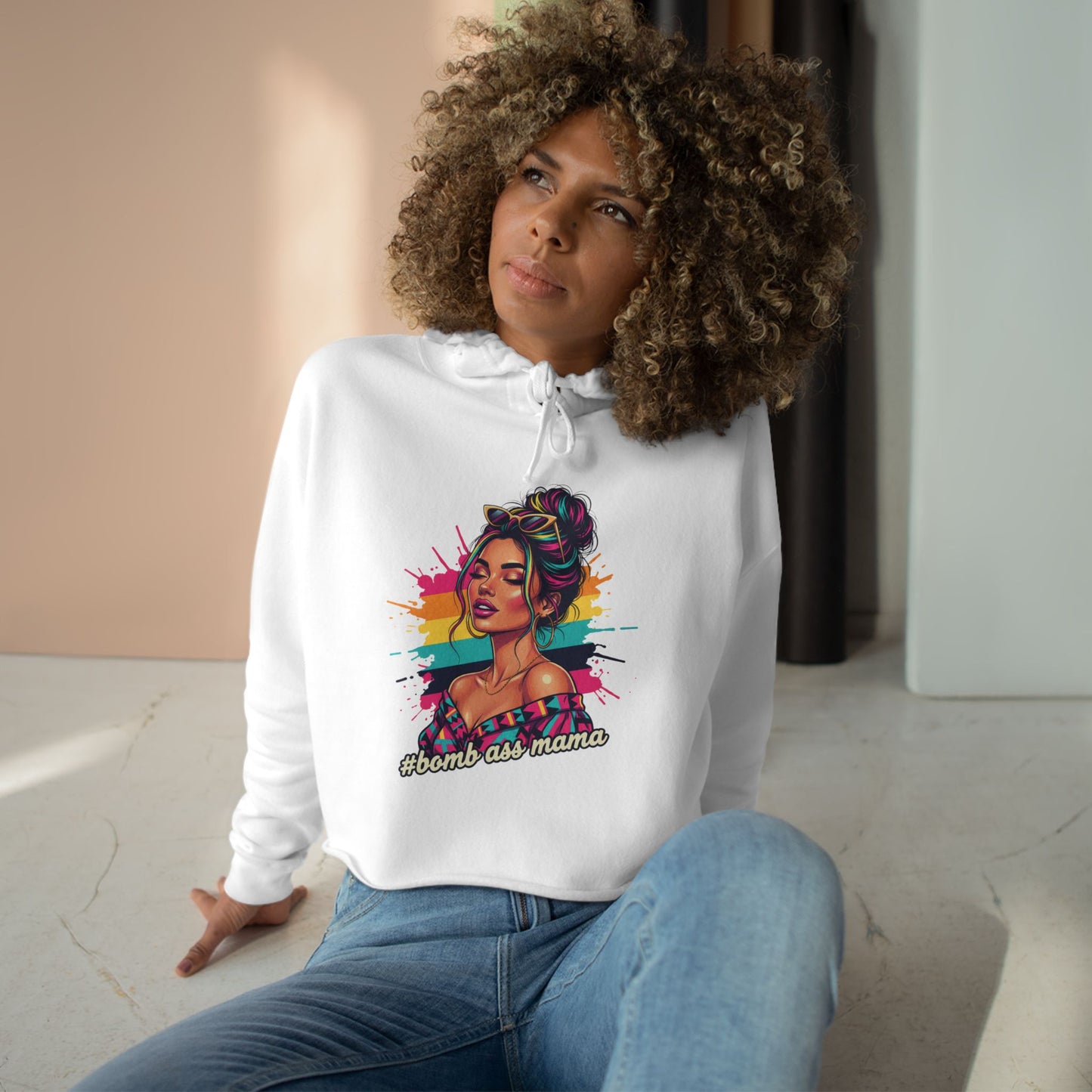 Colorful Pop Art Woman Crop Hoodie | Retro Paint Splash Portrait, Bad A*s Mama pullover