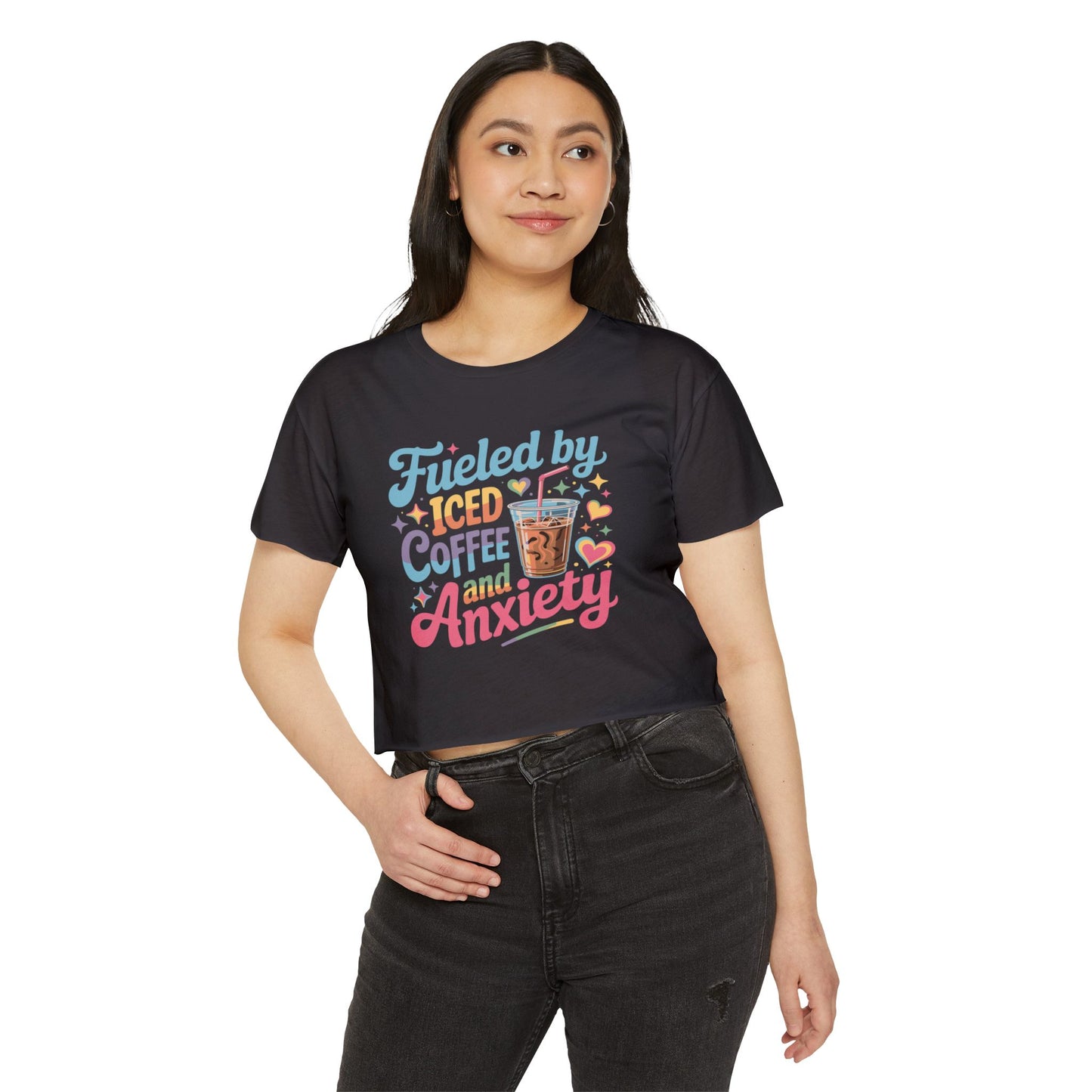 Festival Crop Top — "Fueled by Iced Coffee and Anxiety" Cute Graphic Tee for Women