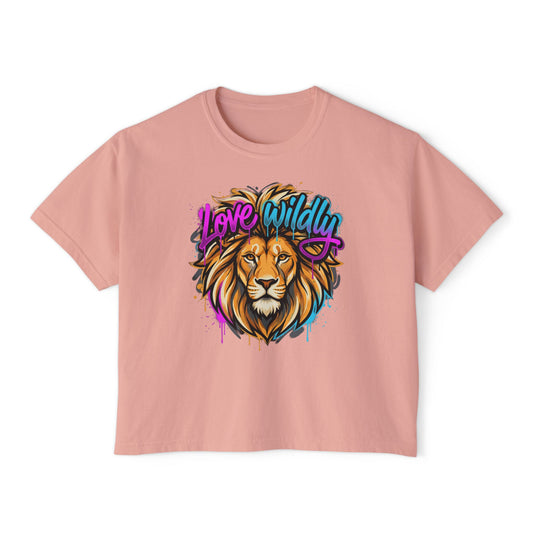 Love Wildly Lion Graphic Tee | Women's Boxy Tee, Colorful Lion Illustration