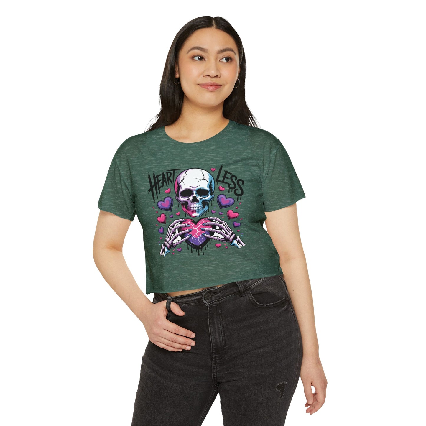 Heartless Skull Heart crop top | skull with pink hearts, edgy festival tee